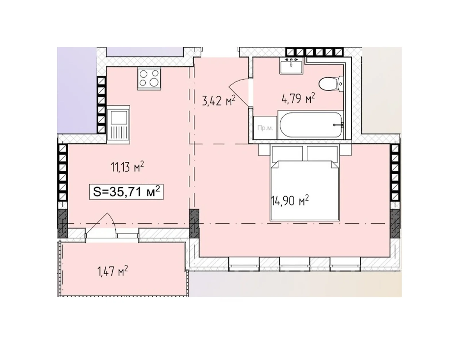 Продається 1-кімнатна квартира 35.71 кв. м у Ужгороді, вул. Руська - фото 1