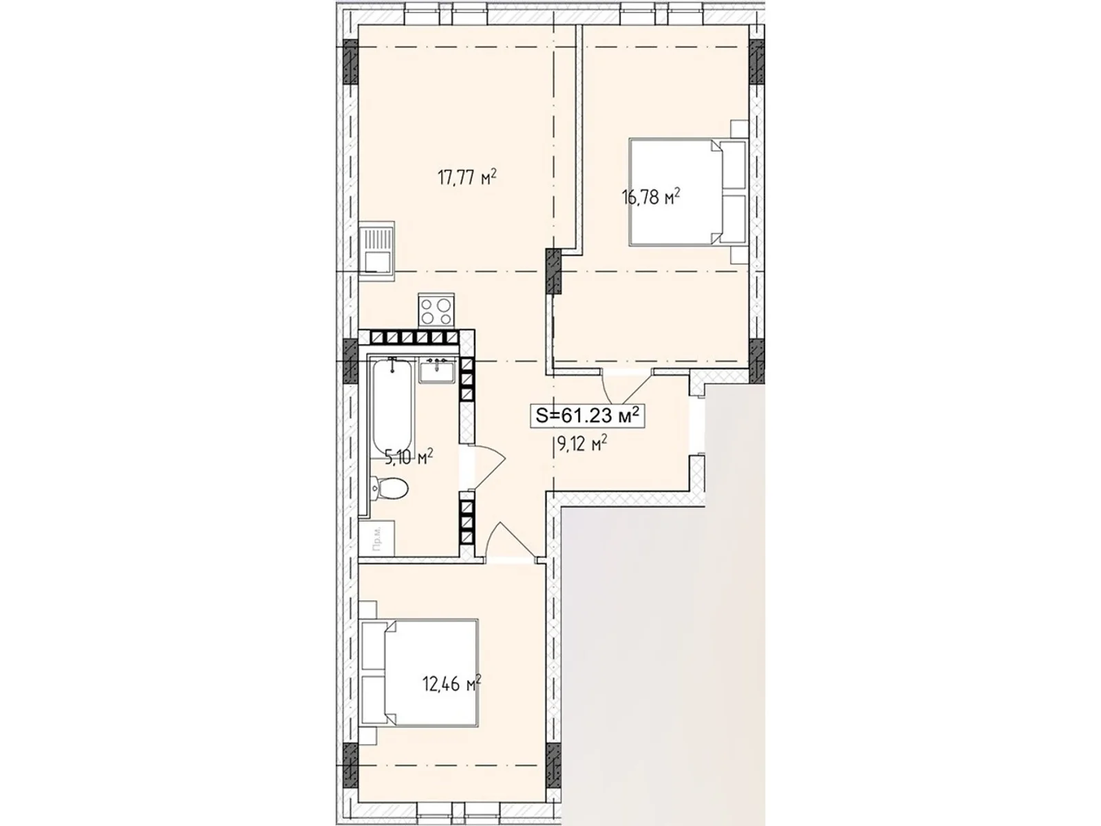 Продается 2-комнатная квартира 61.23 кв. м в Ужгороде, ул. Русская