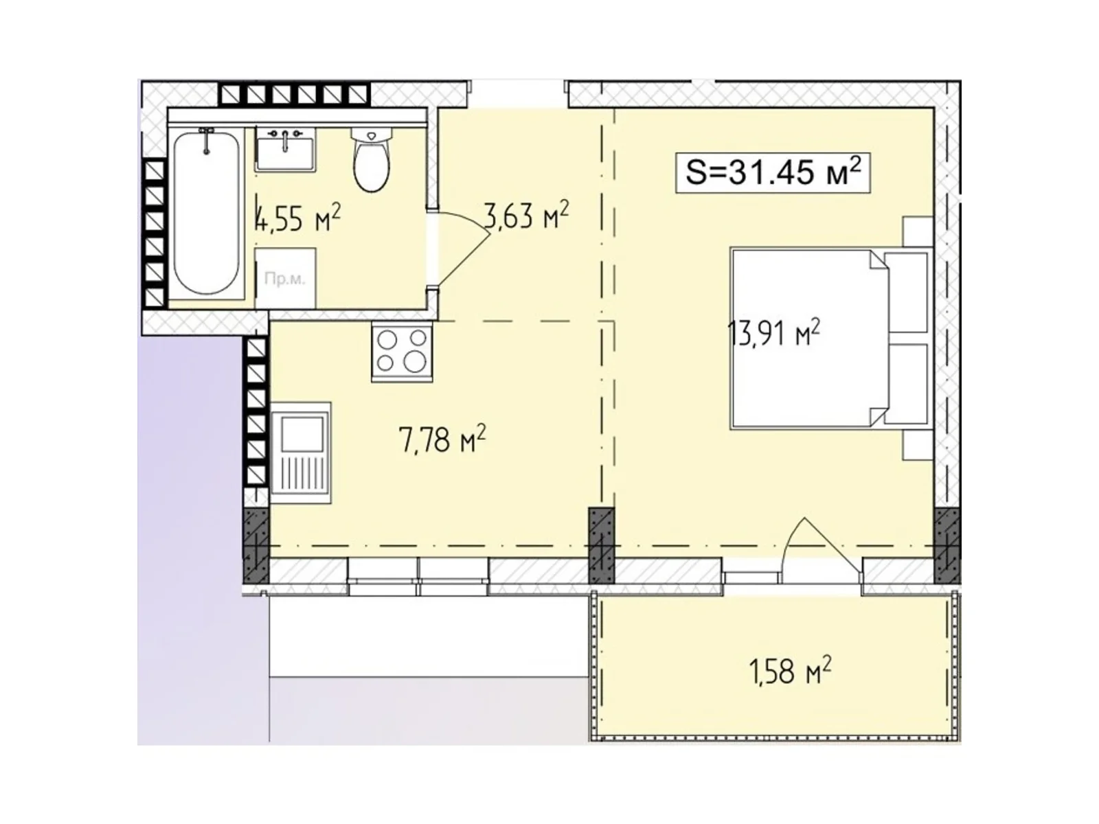 Продается 1-комнатная квартира 31.45 кв. м в Ужгороде, ул. Русская