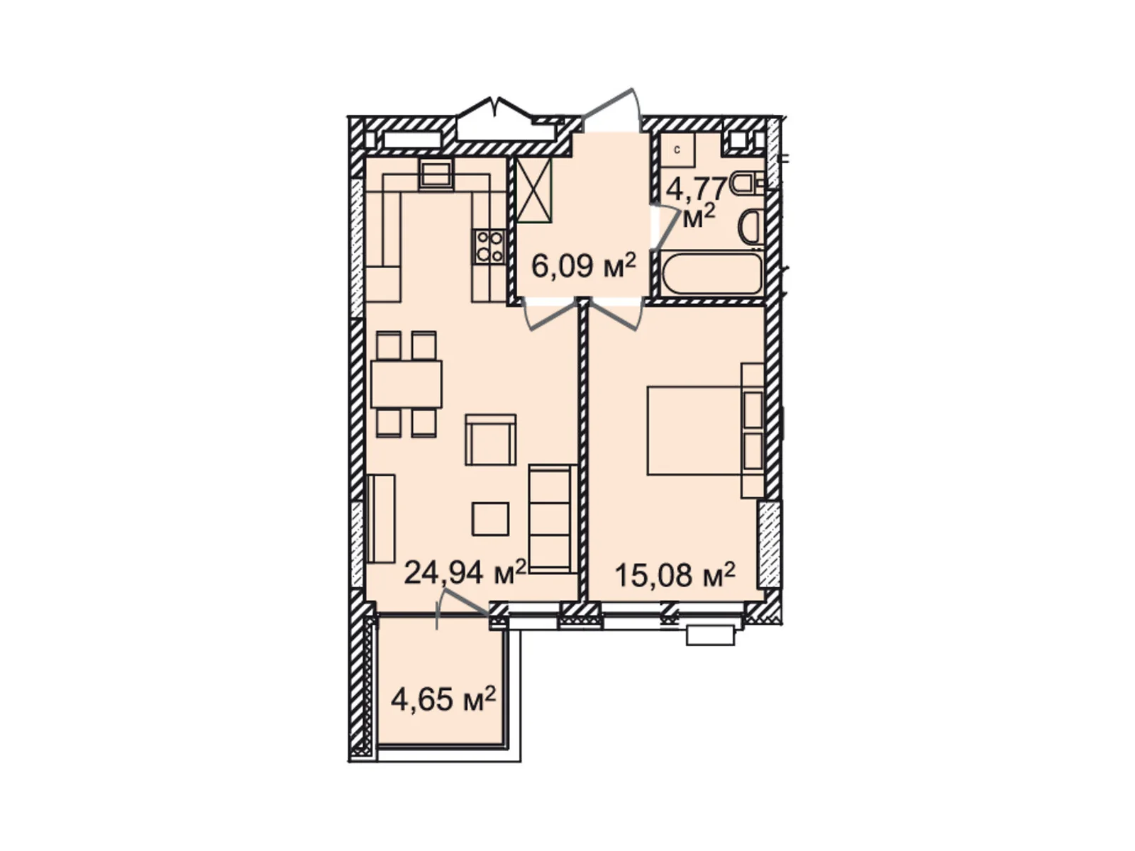 Продается 1-комнатная квартира 52.43 кв. м в Киеве