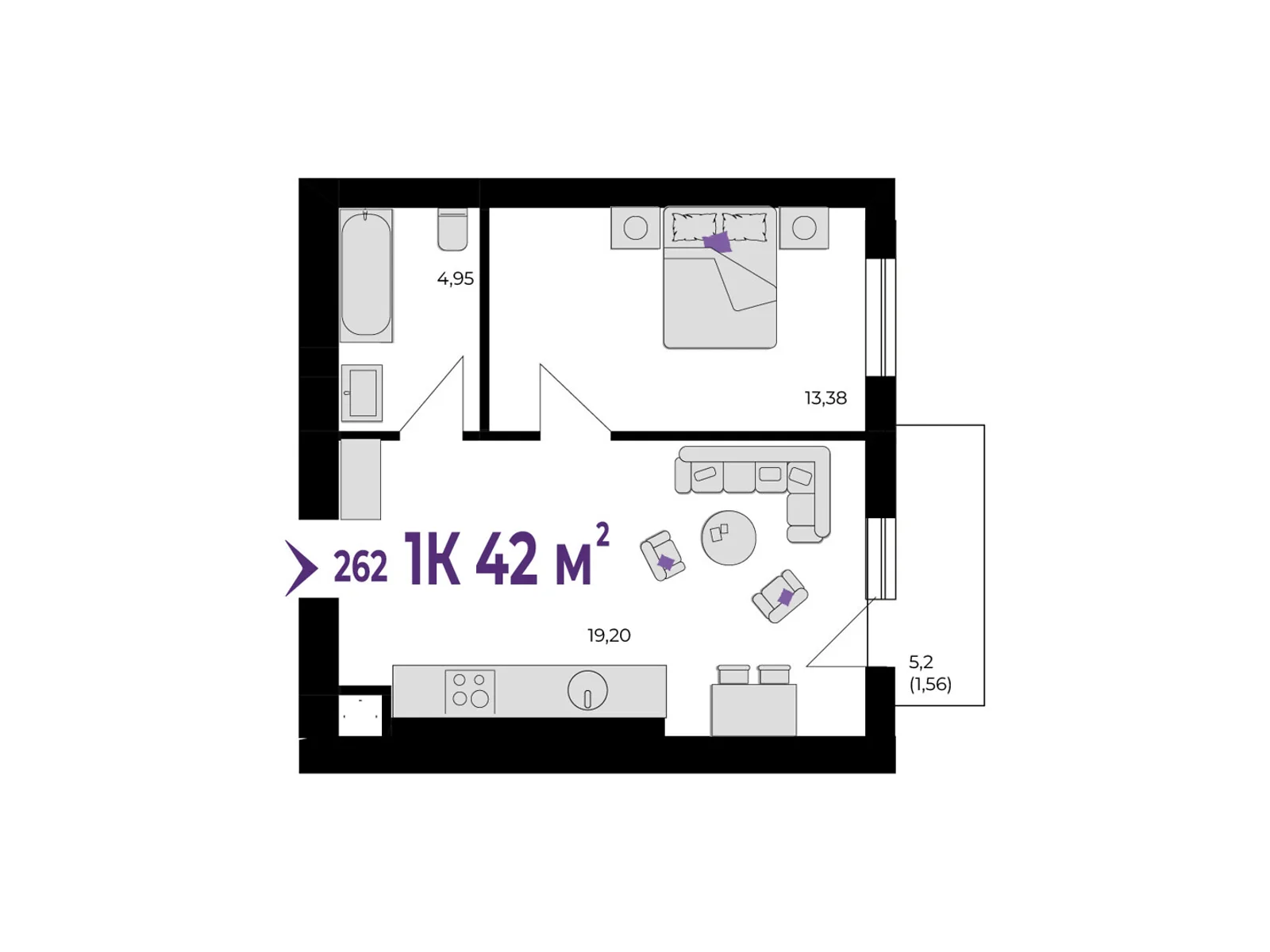 Продається 1-кімнатна квартира 42 кв. м у Вовчинцю