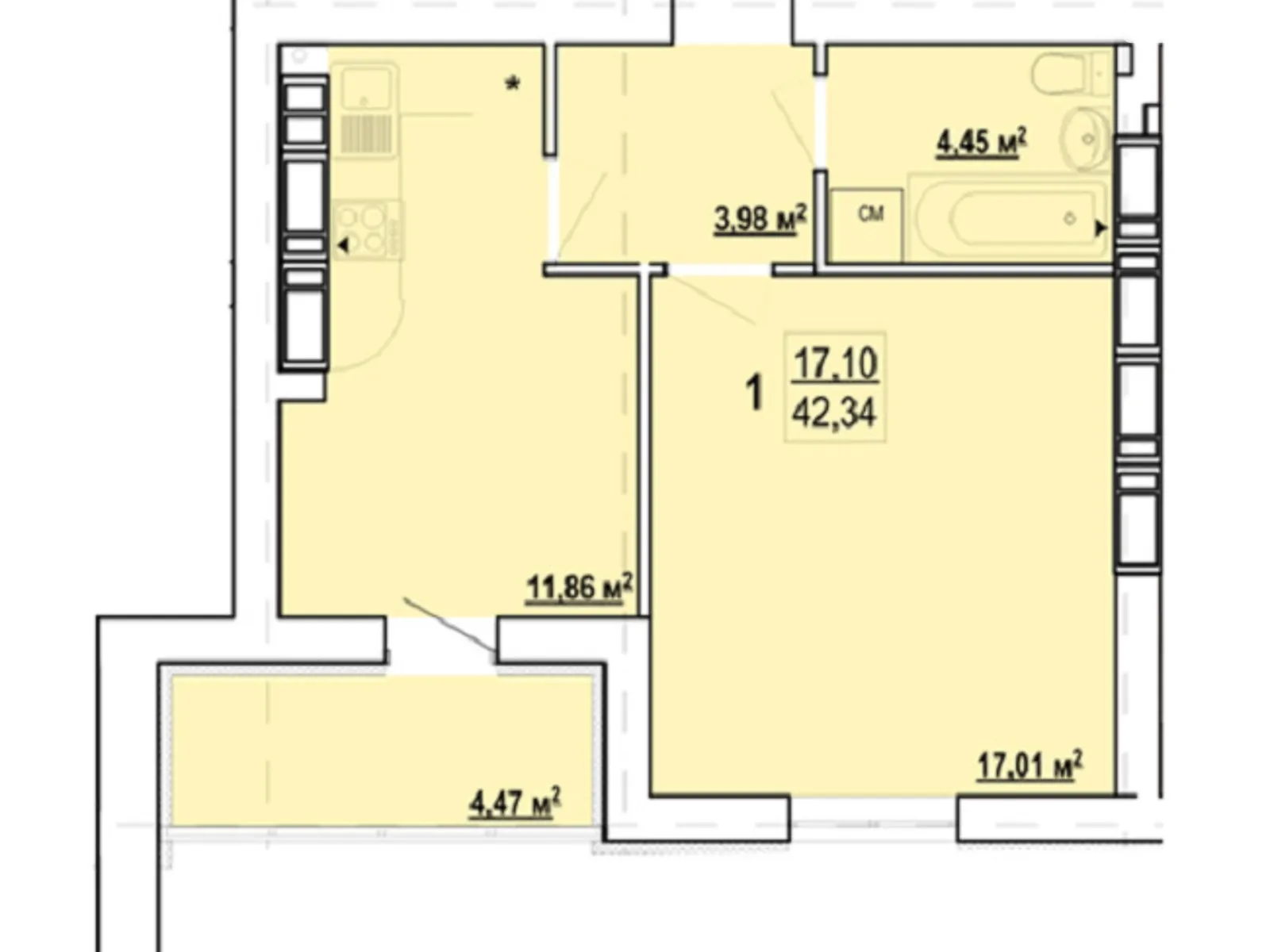 Продается 1-комнатная квартира 42.34 кв. м в Харькове, ул. Борткевича