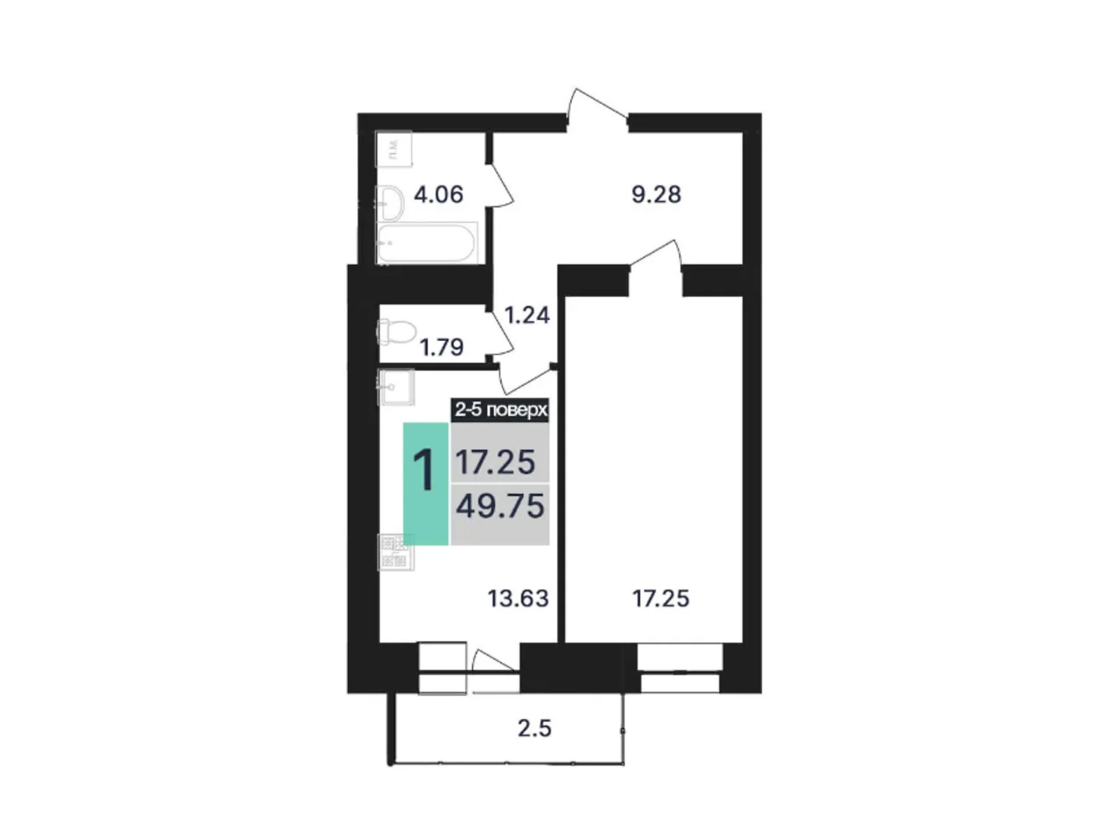 Продается 1-комнатная квартира 49.75 кв. м в Полтаве, цена: 49750 $ - фото 1