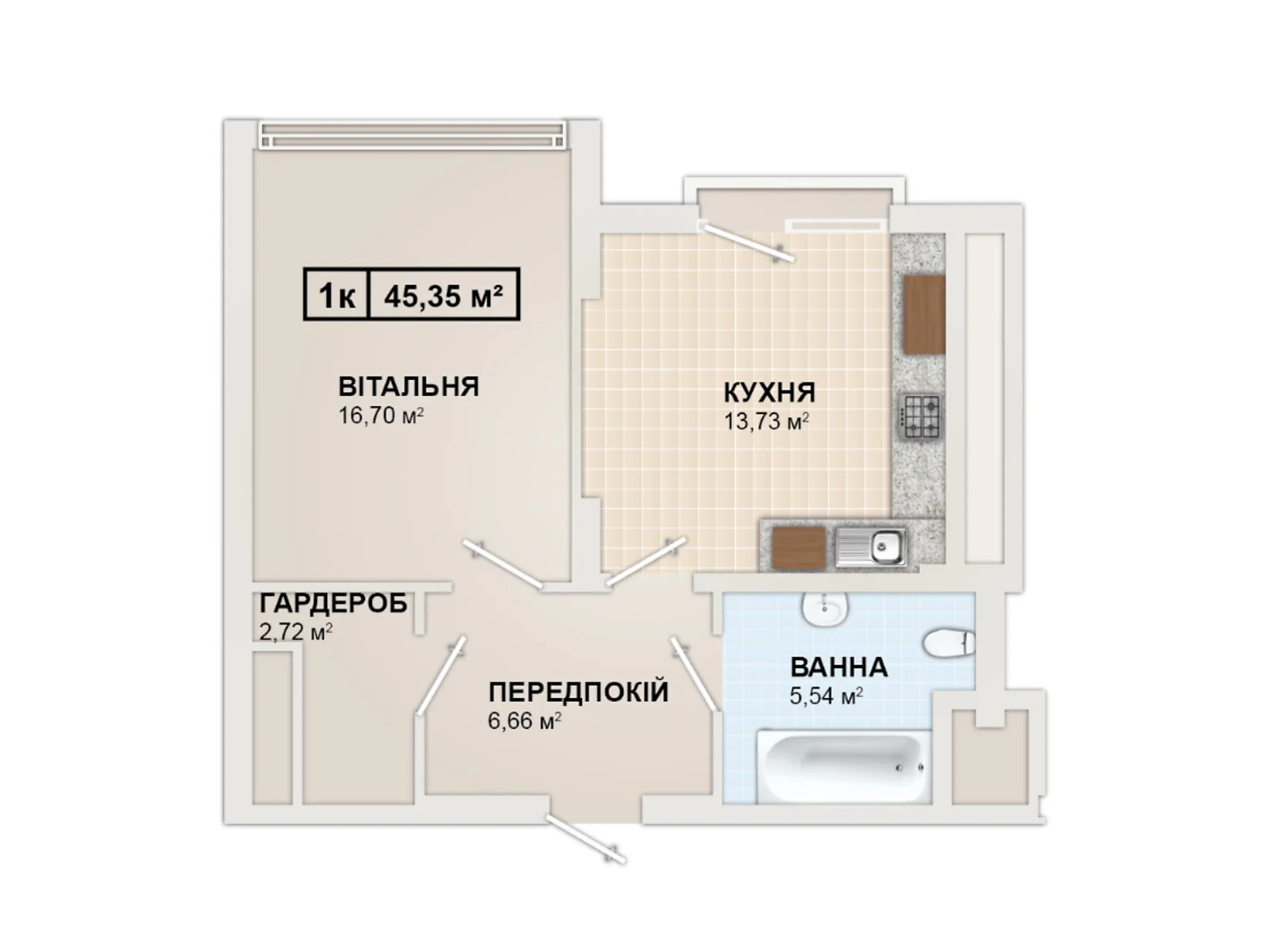 Продается 1-комнатная квартира 43.16 кв. м в Ивано-Франковске - фото 1