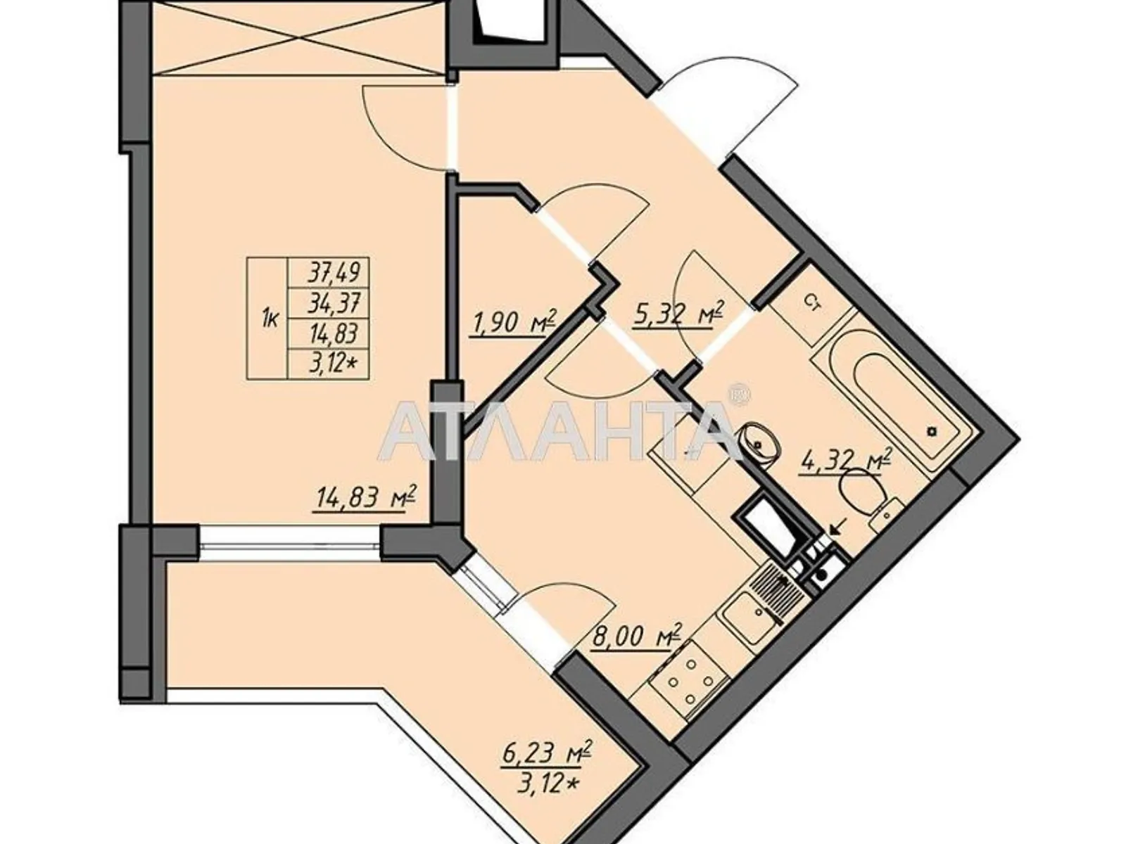 Продается 1-комнатная квартира 37.49 кв. м в Одессе, ул. Академика Воробьёва - фото 1