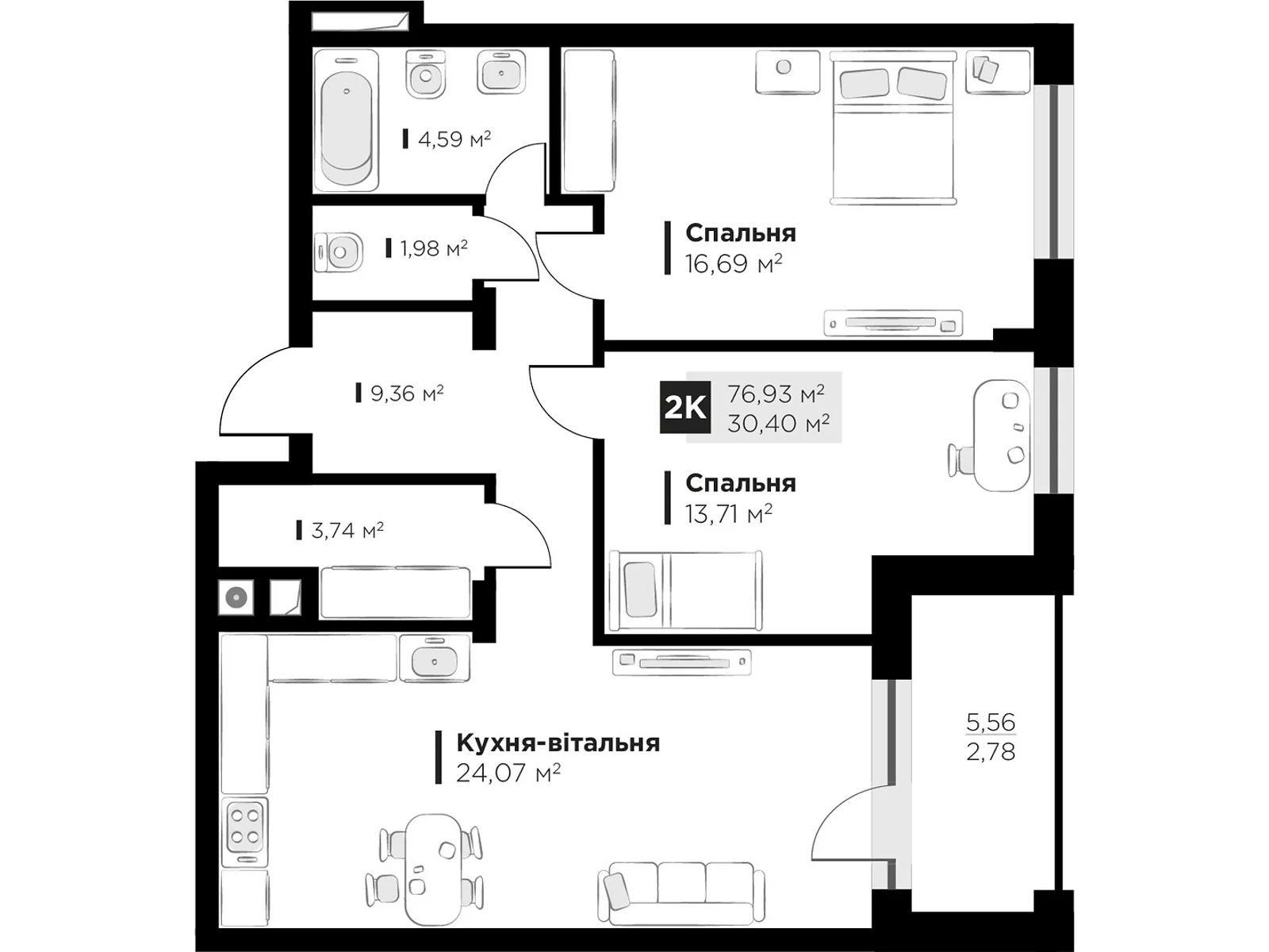 Продается 2-комнатная квартира 76.93 кв. м в Львове, цена: 113067 $