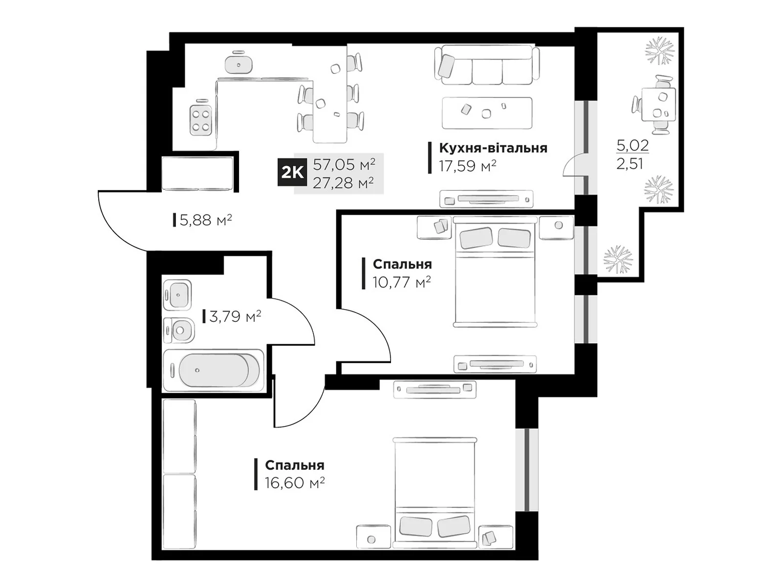 Продається 2-кімнатна квартира 57.05 кв. м у Винниках, цена: 59723 $