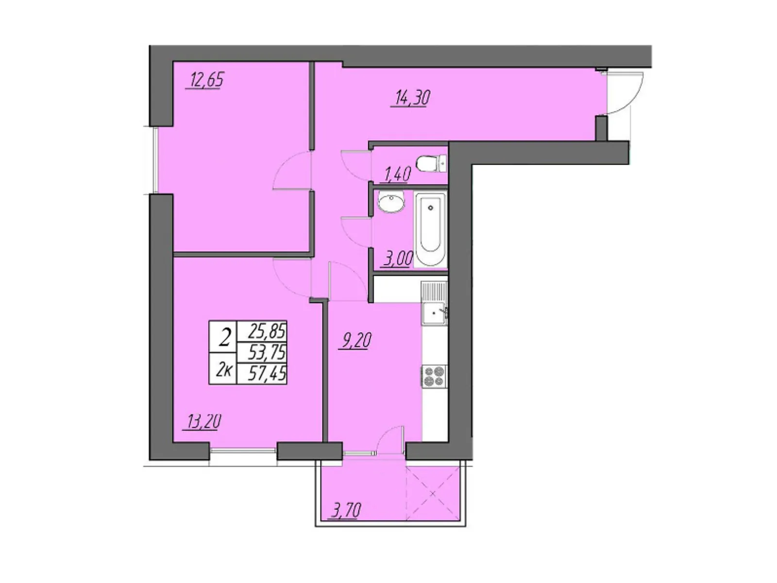 2-комнатная квартира 57 кв. м в Тернополе, ул. Солнечная, 19