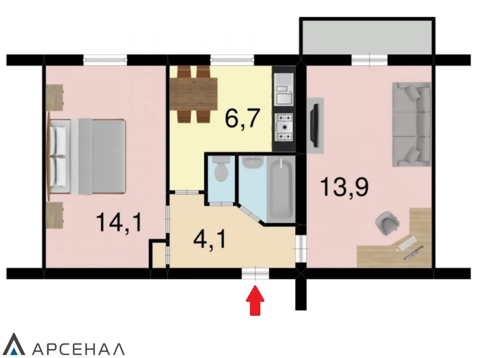 2-комнатная квартира 44 кв. м в Запорожье