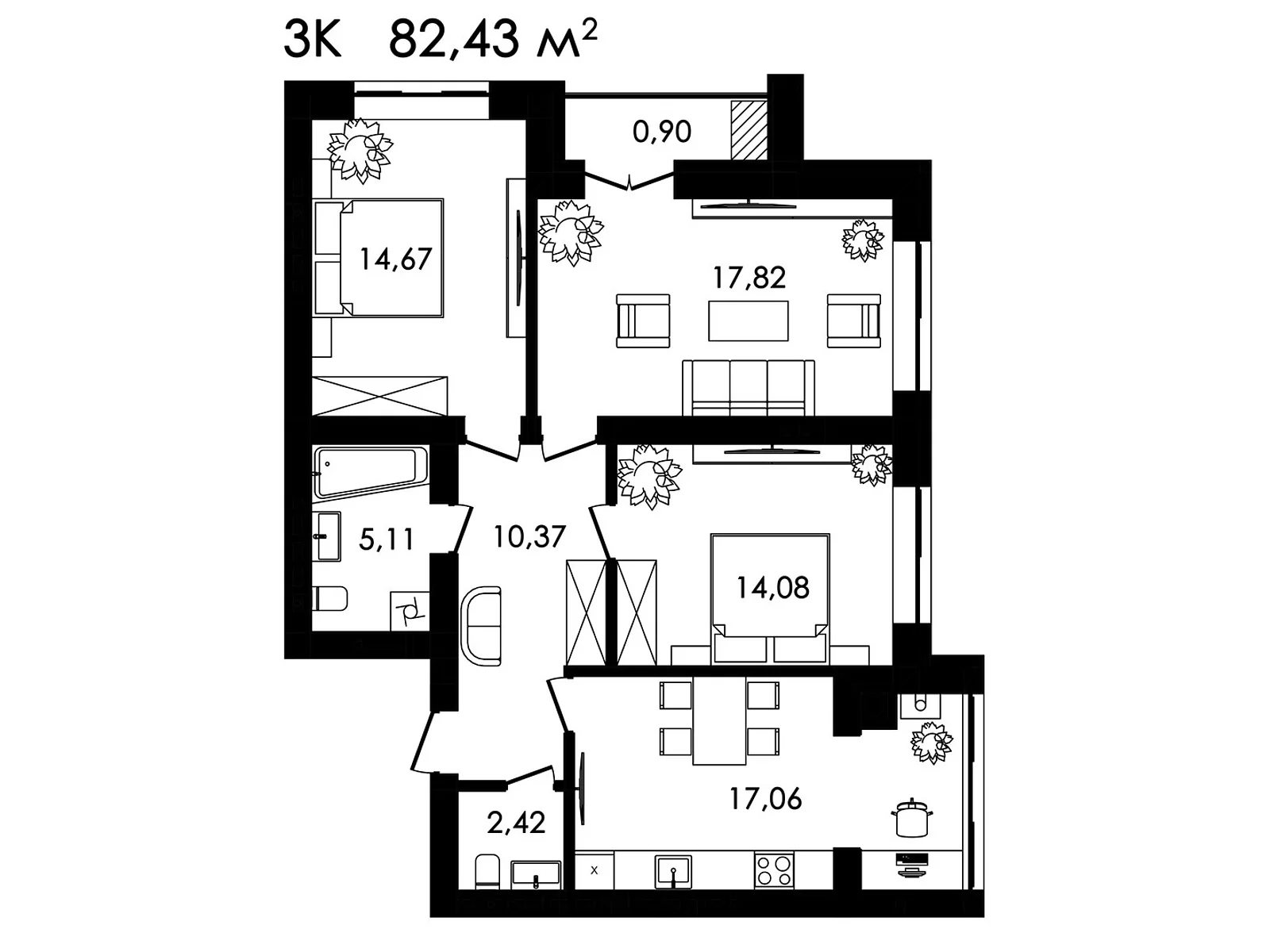 Продається 3-кімнатна квартира 82.43 кв. м у Кам’янці-Подільському, вул. Івана Виговського(Матросова), 4/7