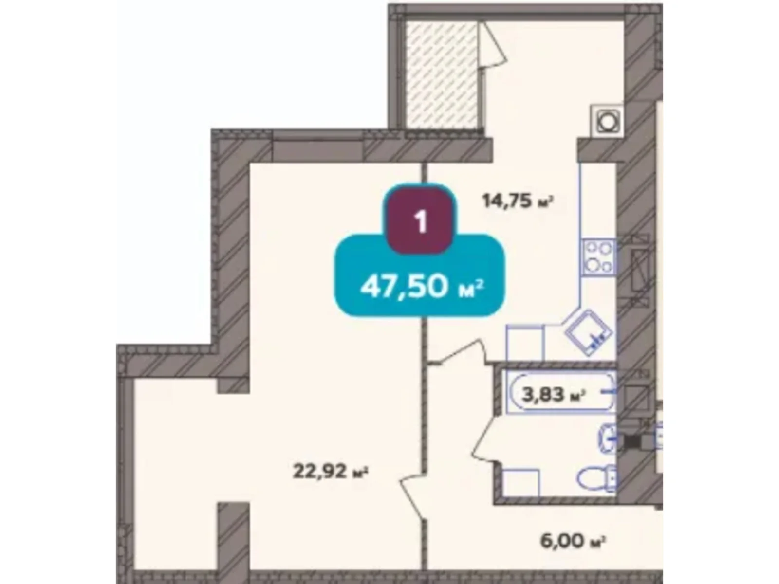 Продается 1-комнатная квартира 47.5 кв. м в Хмельницком, ул. Нижняя Береговая - фото 1