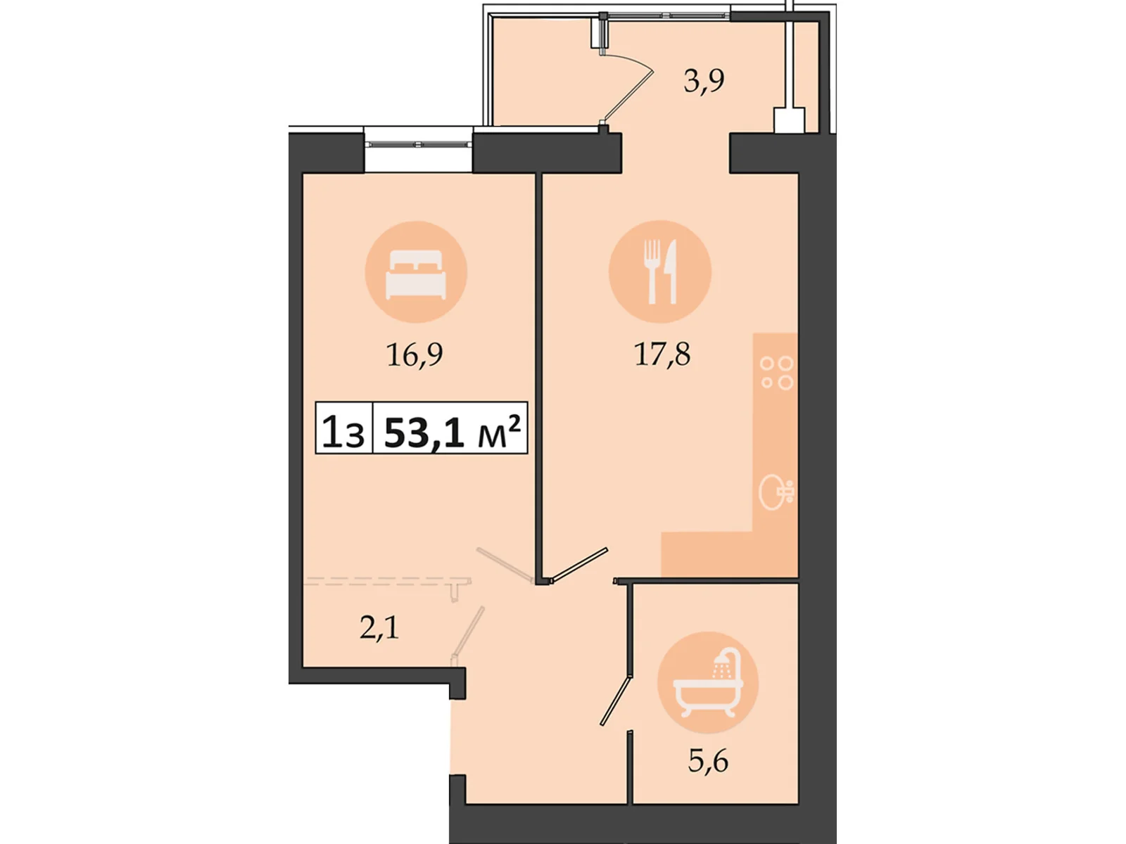 Продается 1-комнатная квартира 53.1 кв. м в Слобожанском, ул. Семейная, 3