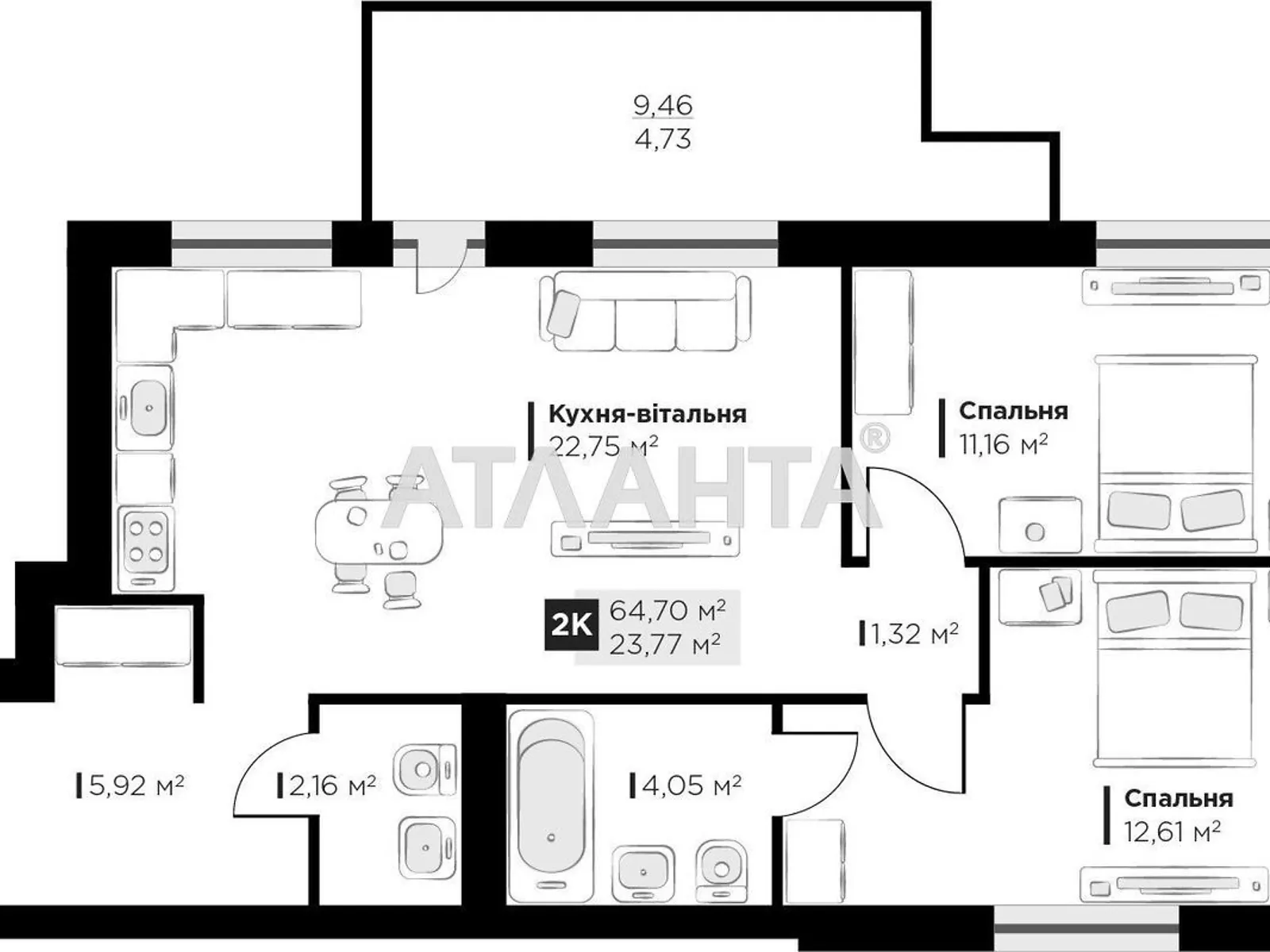 Продається 2-кімнатна квартира 64.7 кв. м у Винниках, вул. Галицька - фото 1