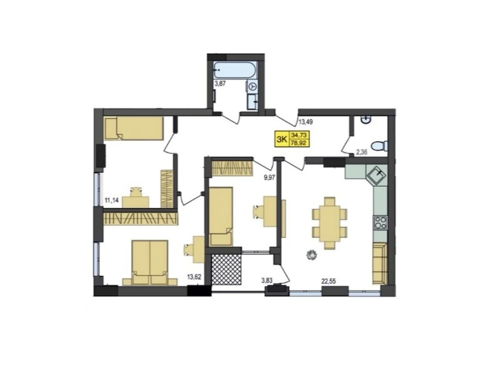 Продается 3-комнатная квартира 78.92 кв. м в Струмовке - фото 1