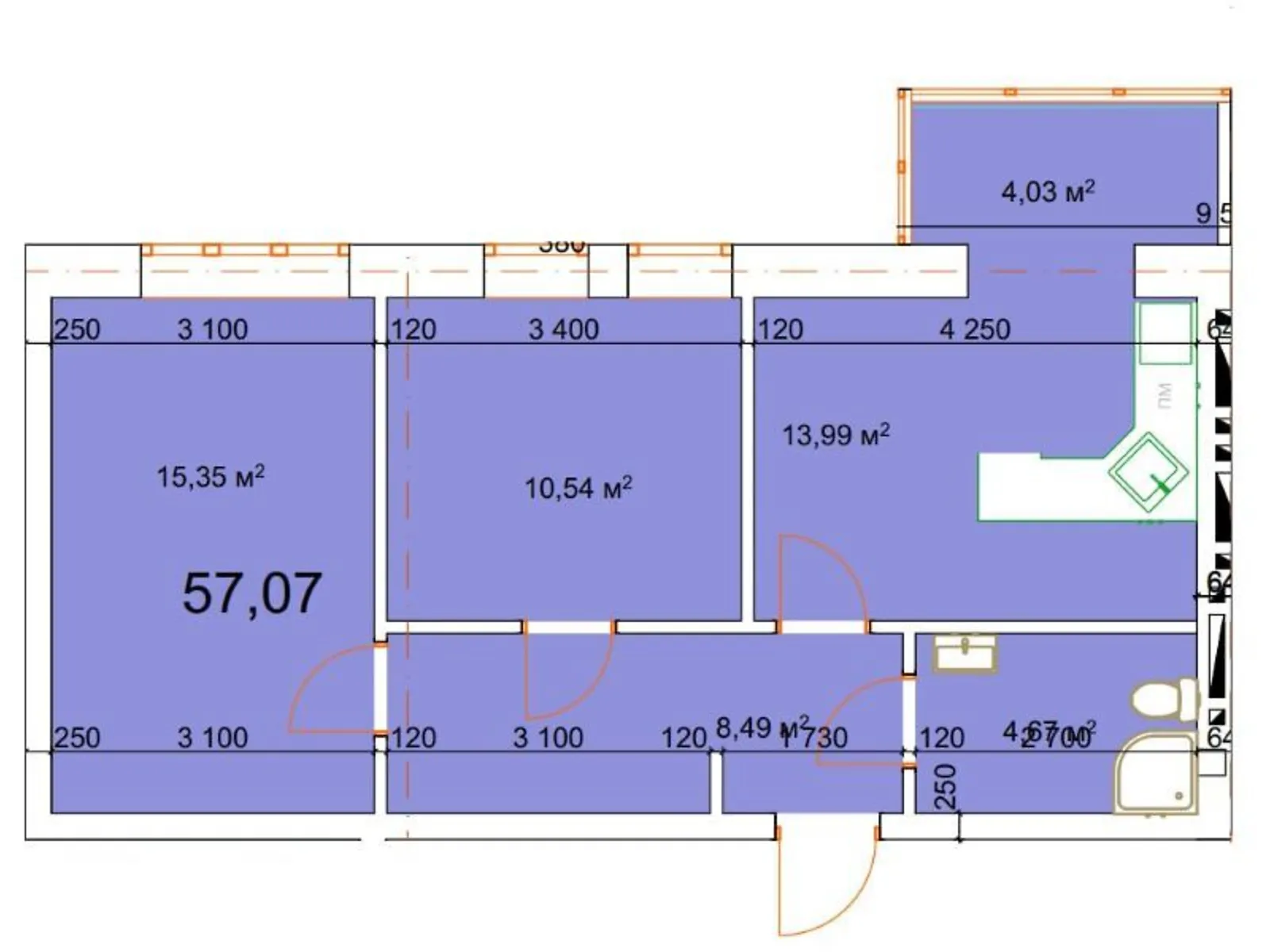 Продается 2-комнатная квартира 57.07 кв. м в Калуше, ул. Малицкой - фото 1