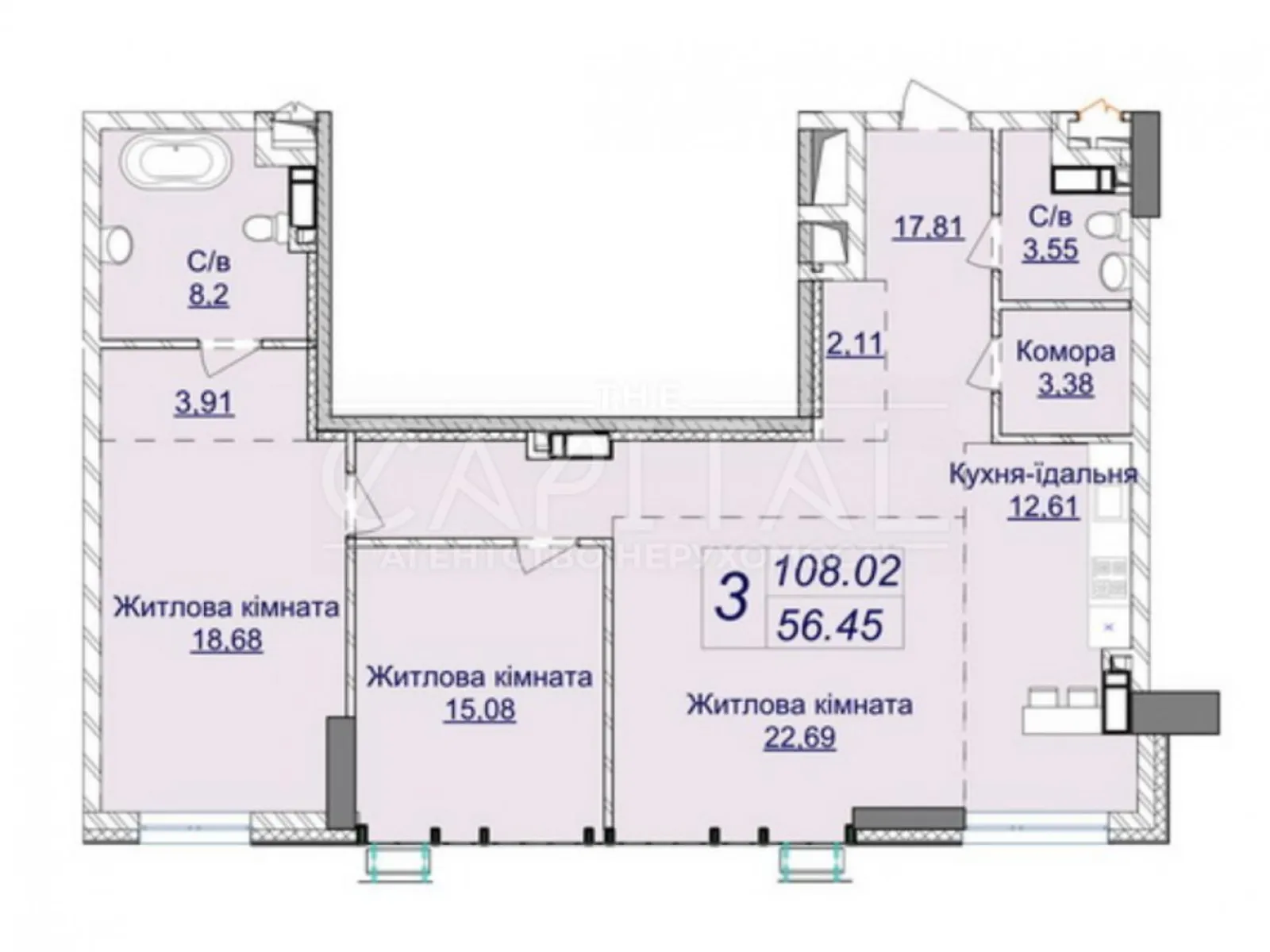 Продається 3-кімнатна квартира 108.02 кв. м у Києві, вул. Андрія Верхогляда(Драгомирова), 20А