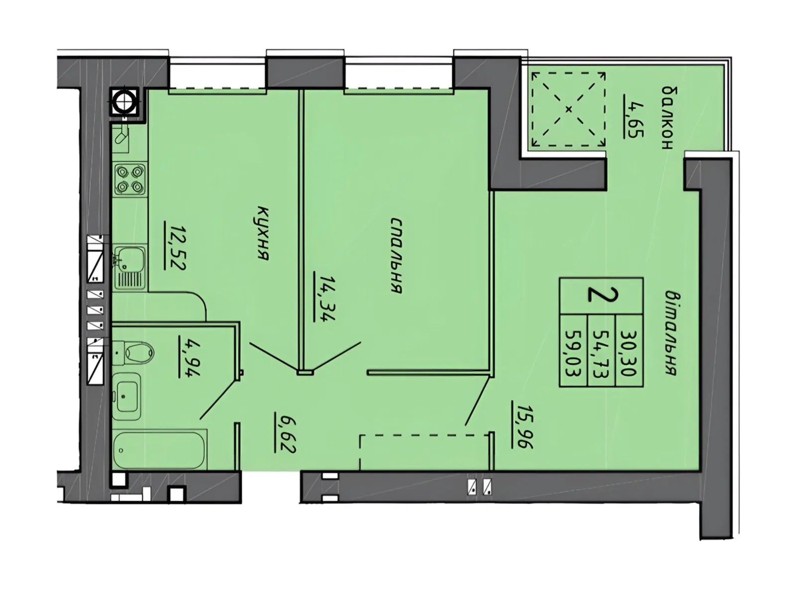 2-комнатная квартира 59.03 кв. м в Тернополе, ул. 15-го Апреля - фото 1