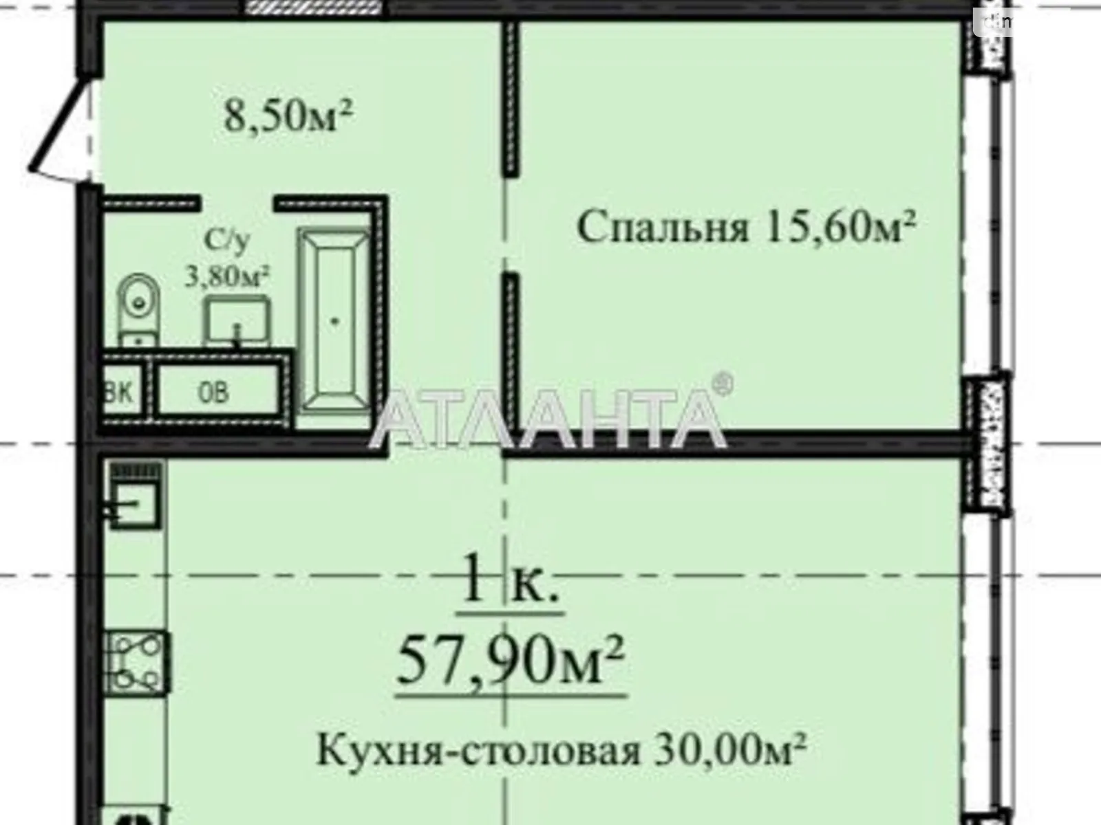 Продається 1-кімнатна квартира 57.9 кв. м у Одесі, плато Гагарінське