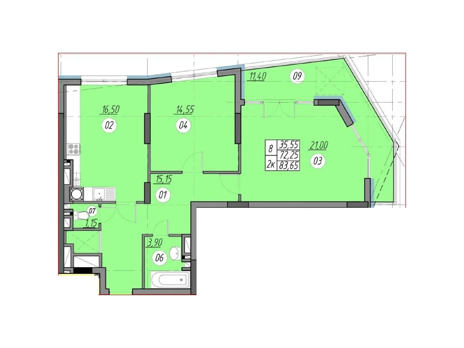 2-комнатная квартира 83.65 кв. м в Тернополе, цена: 73455 $