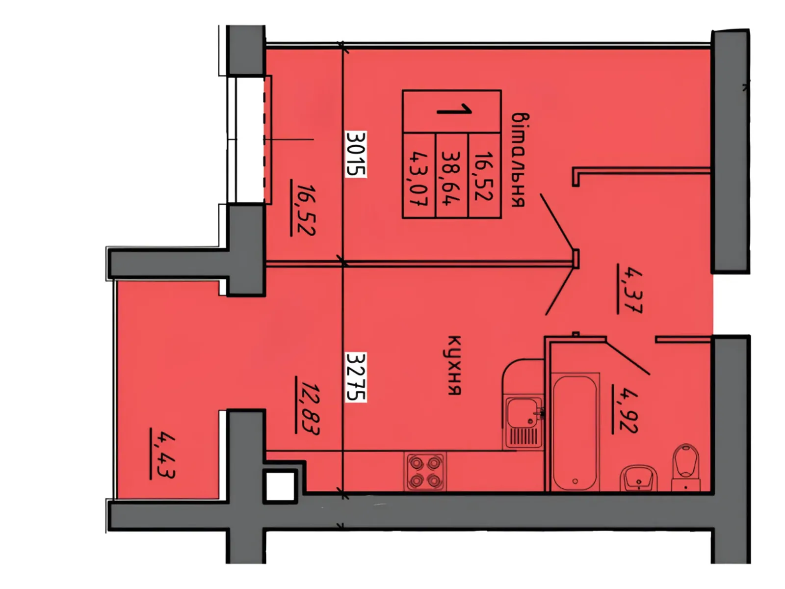 1-комнатная квартира 43.07 кв. м в Тернополе, ул. 15-го Апреля