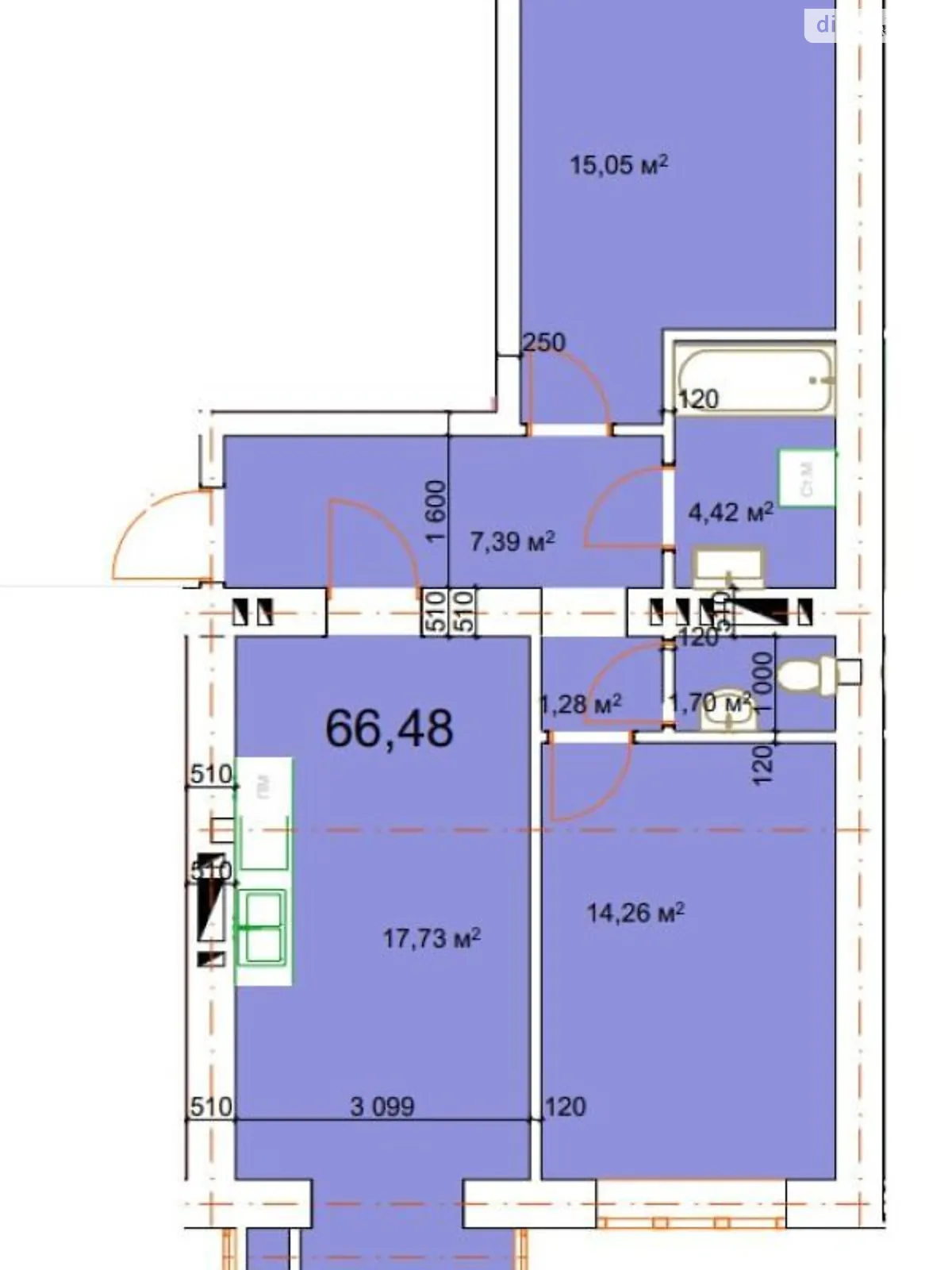 Продается 2-комнатная квартира 66.48 кв. м в Калуше, ул. Малицкой - фото 1