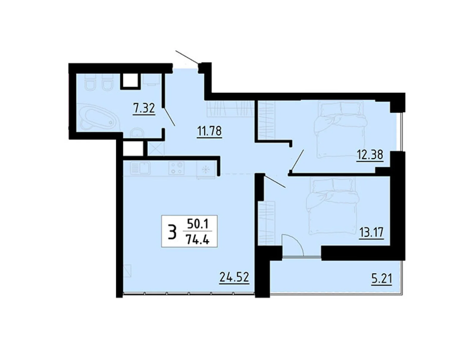 3-комнатная квартира 73.9 кв. м в Тернополе, ул. Энергетическая, 5 - фото 1