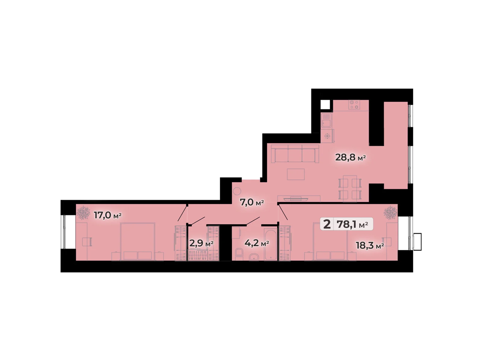 2-комнатная квартира 78.1 кв. м в Тернополе, ул. Довженко Александра, 14Б