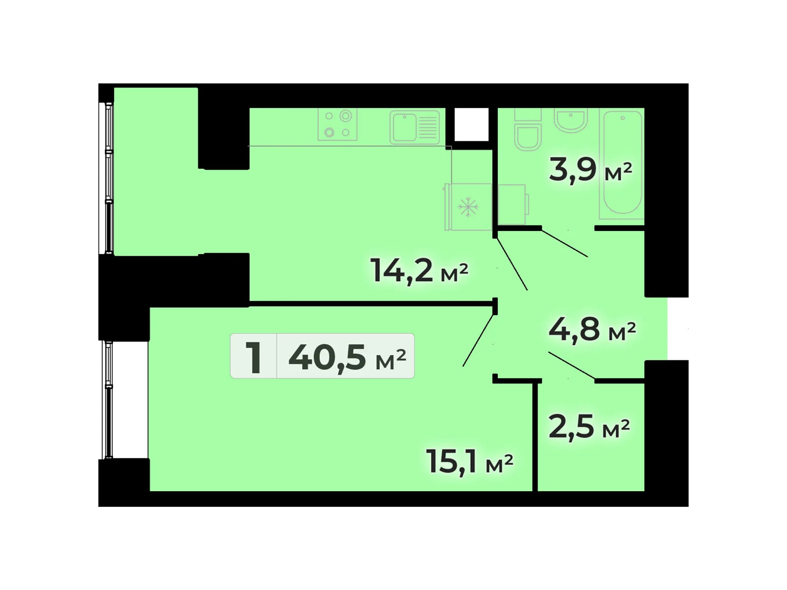 1-комнатная квартира 40.5 кв. м в Тернополе, ул. Довженко Александра, 14Б