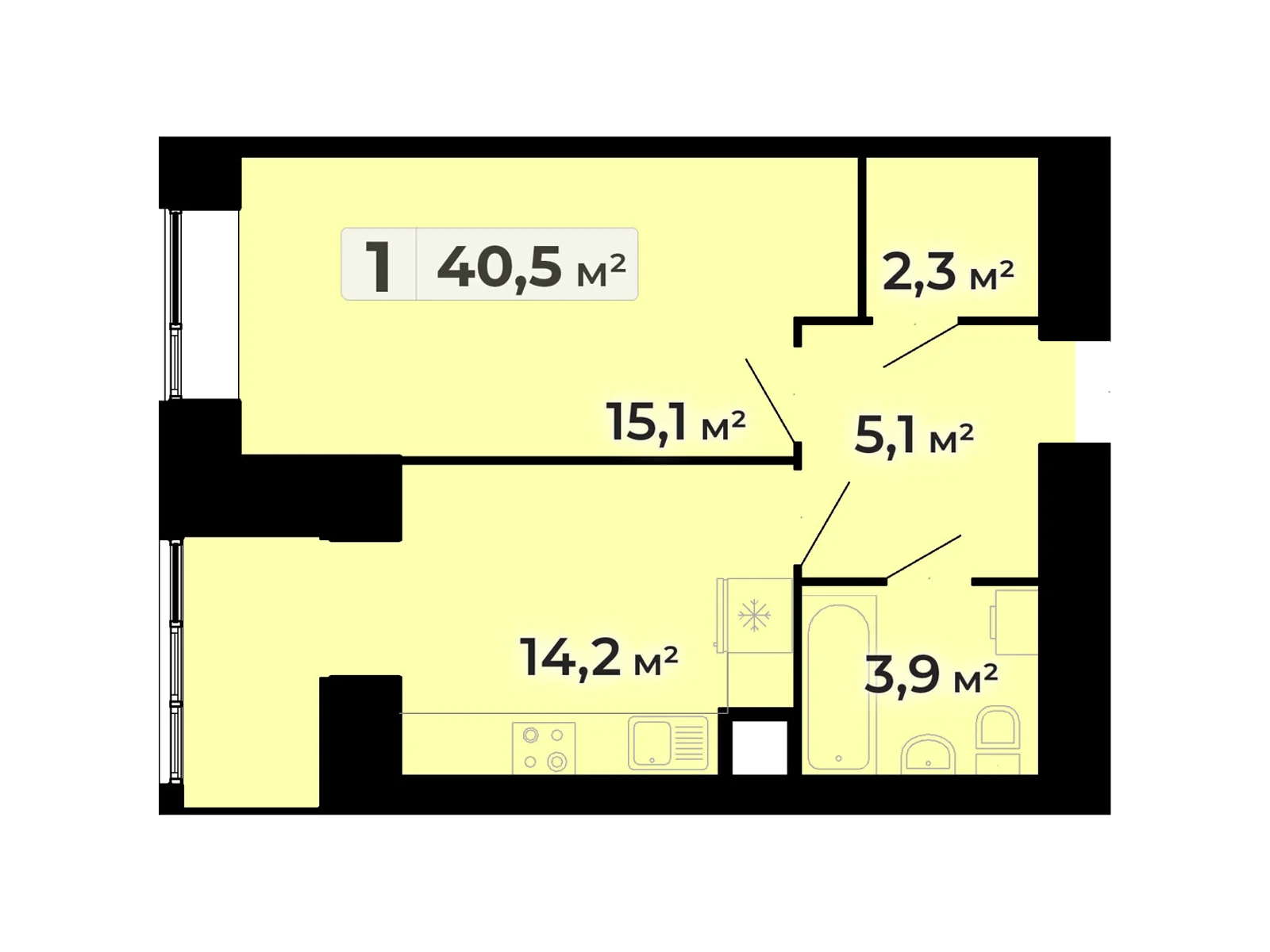 1-комнатная квартира 40.5 кв. м в Тернополе, ул. Довженко Александра, 14Б