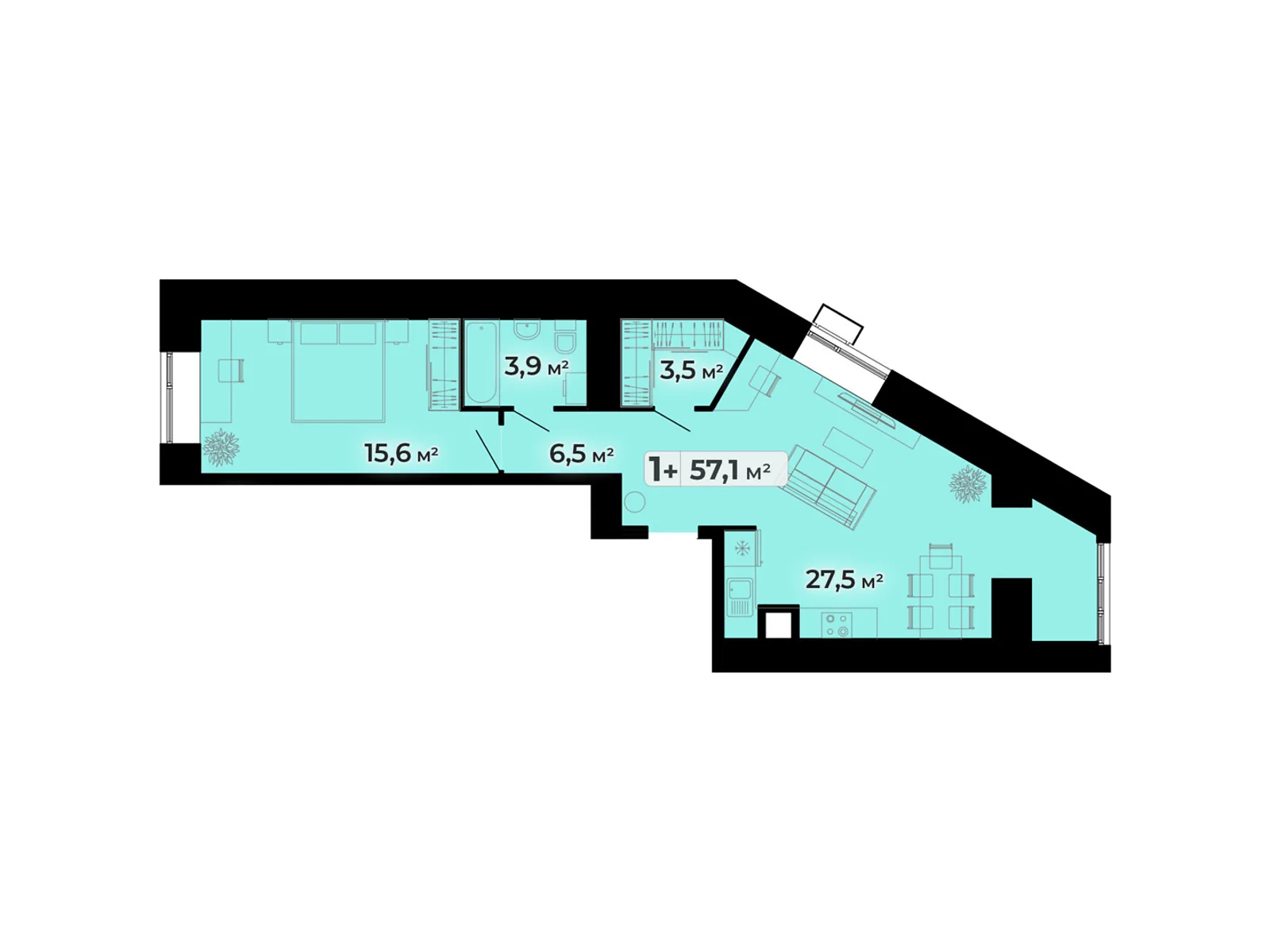 1-комнатная квартира 57.1 кв. м в Тернополе, ул. Довженко Александра, 14Б