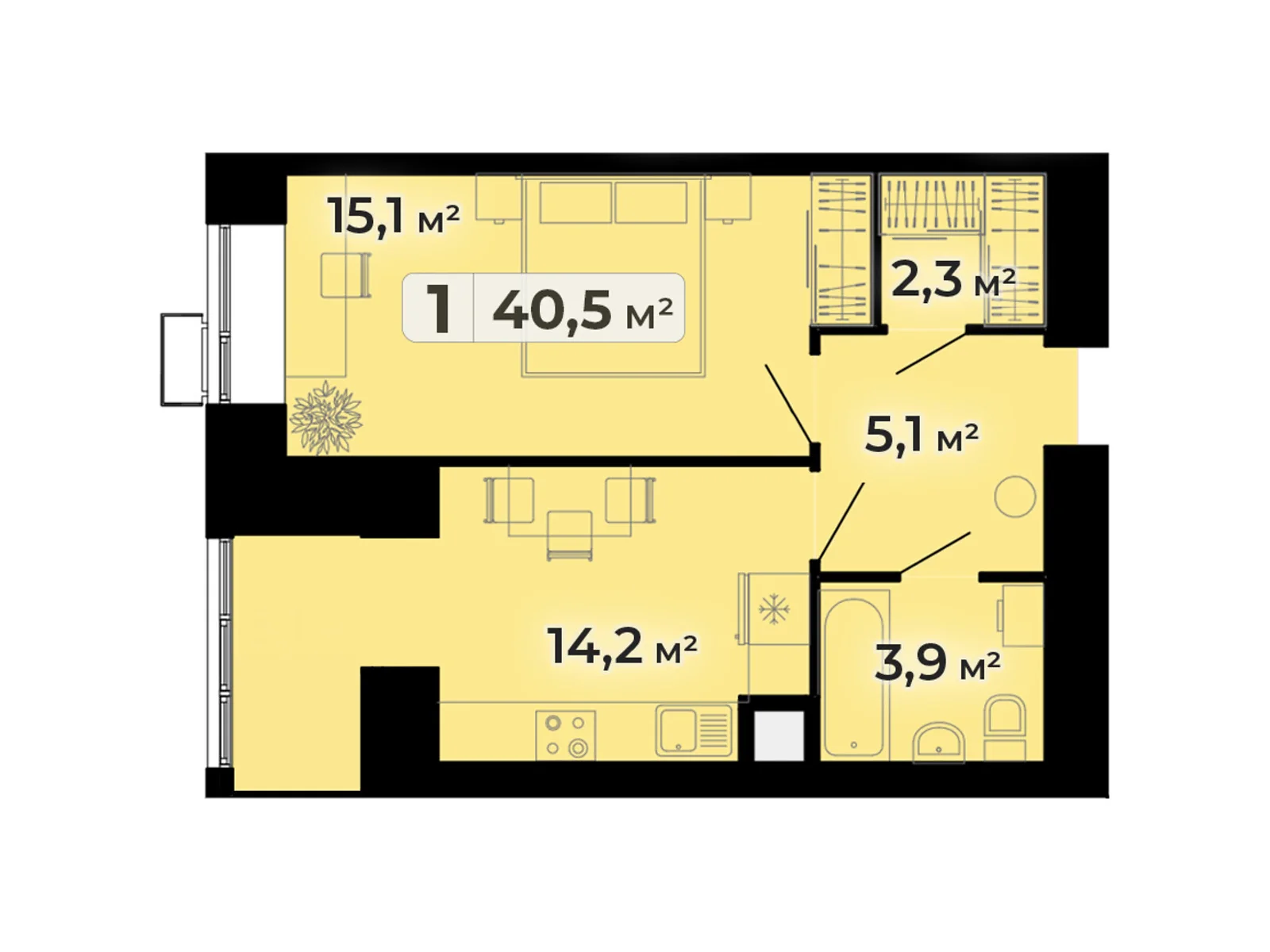 1-кімнатна квартира 40.5 кв. м у Тернополі, вул. Довженка Олександра, 14Б