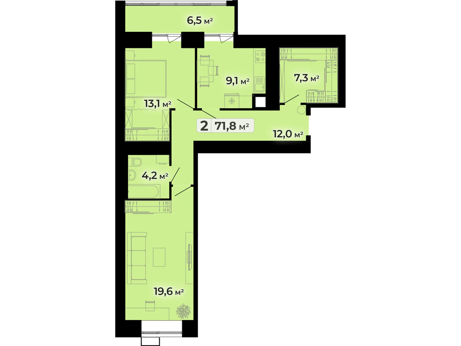 2-комнатная квартира 71.8 кв. м в Тернополе, ул. Довженко Александра, 14Б - фото 1