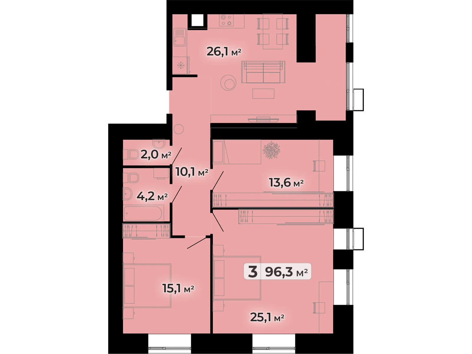 3-комнатная квартира 96.3 кв. м в Тернополе, ул. Довженко Александра, 14Б