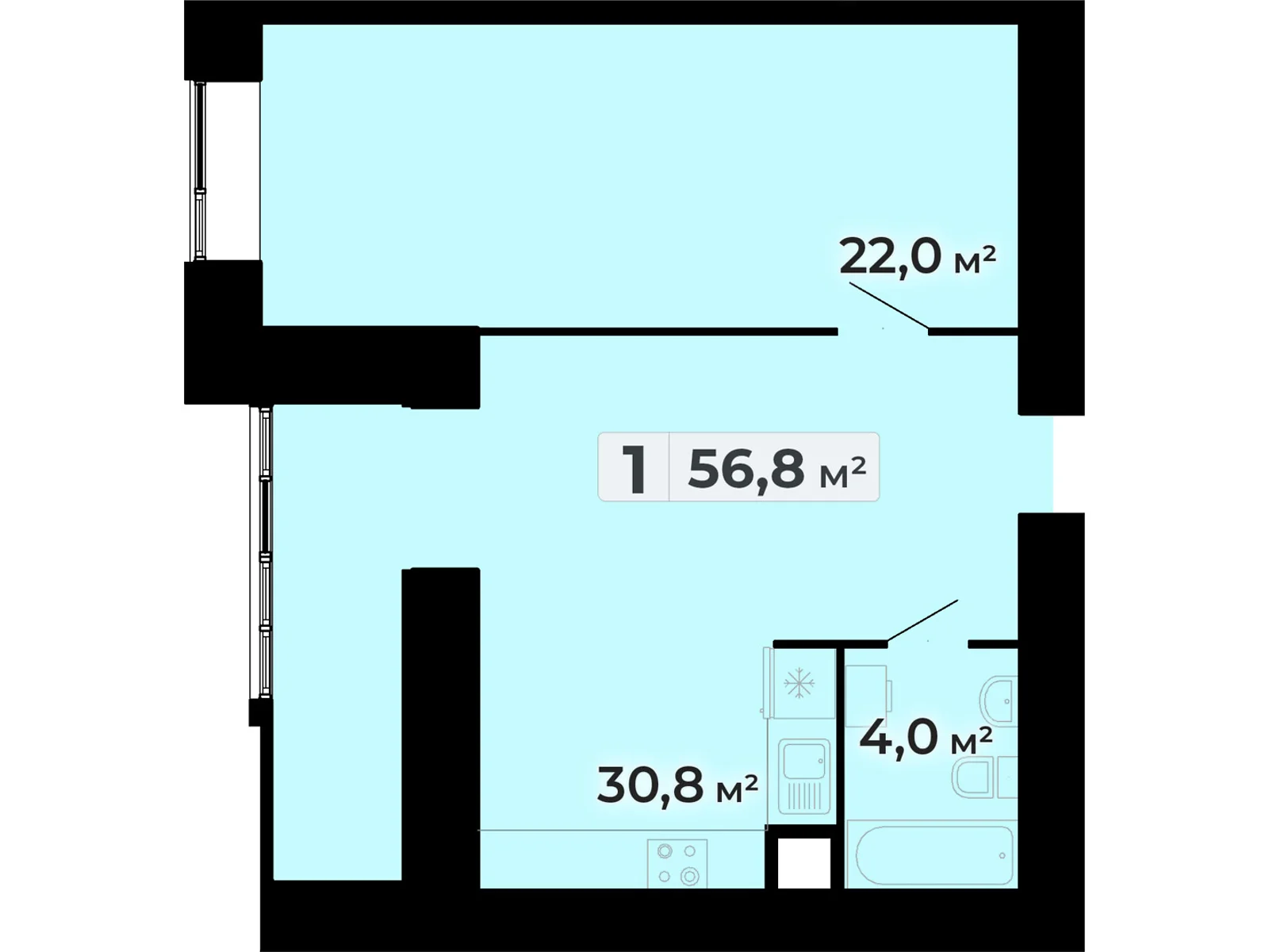 1-комнатная квартира 56.8 кв. м в Тернополе, ул. Довженко Александра, 14Б