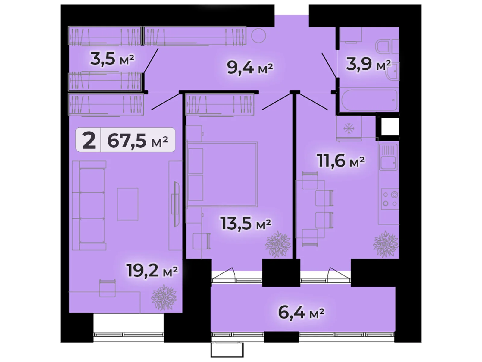 2-комнатная квартира 67.5 кв. м в Тернополе, ул. Довженко Александра, 14Б