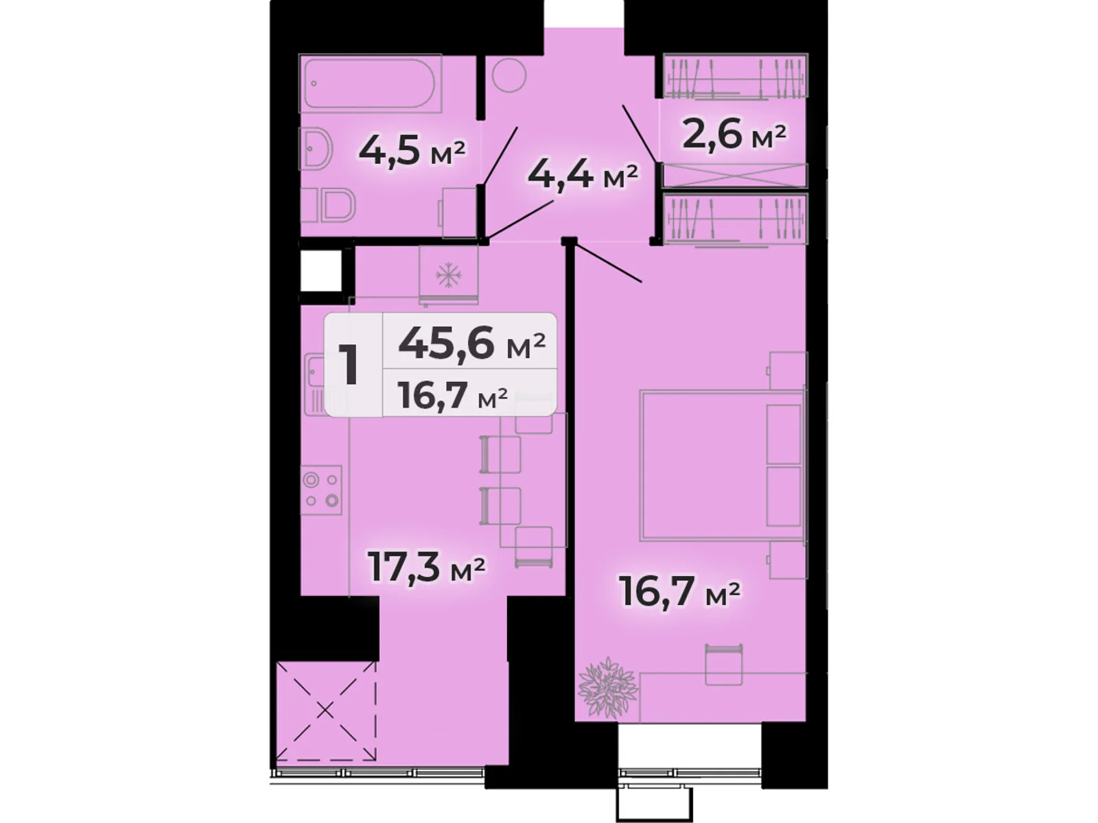 1-комнатная квартира 45.6 кв. м в Тернополе, ул. Довженко Александра, 14Б