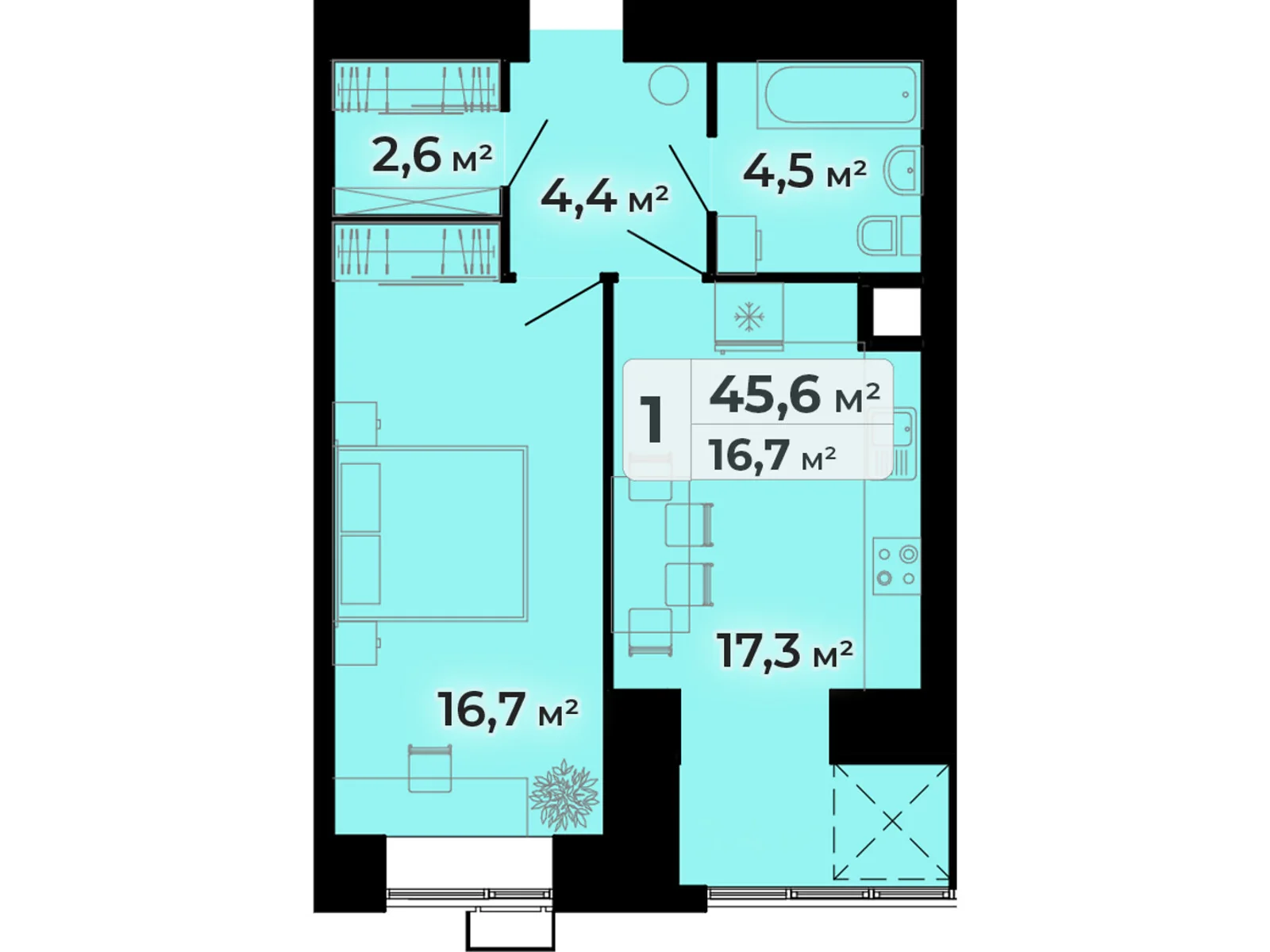 1-комнатная квартира 45.6 кв. м в Тернополе, ул. Довженко Александра, 14Б