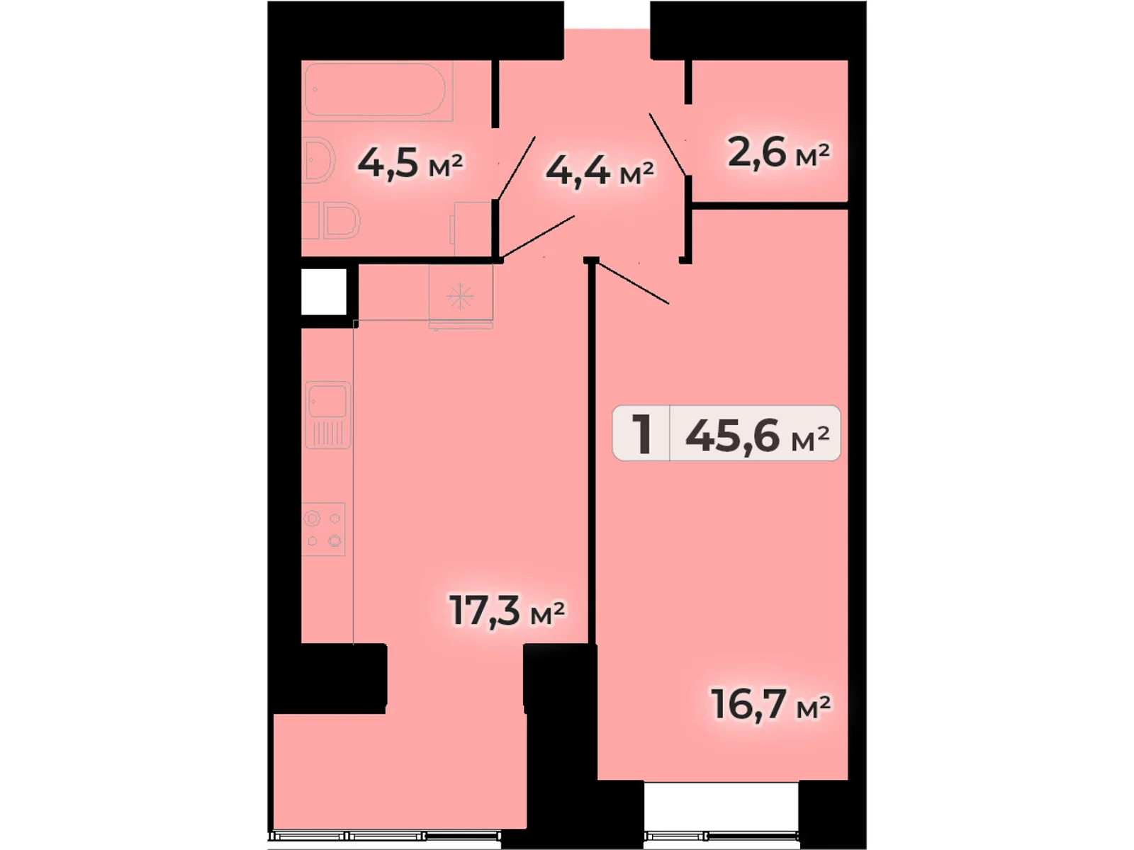 1-кімнатна квартира 45.6 кв. м у Тернополі, вул. Довженка Олександра, 14Б