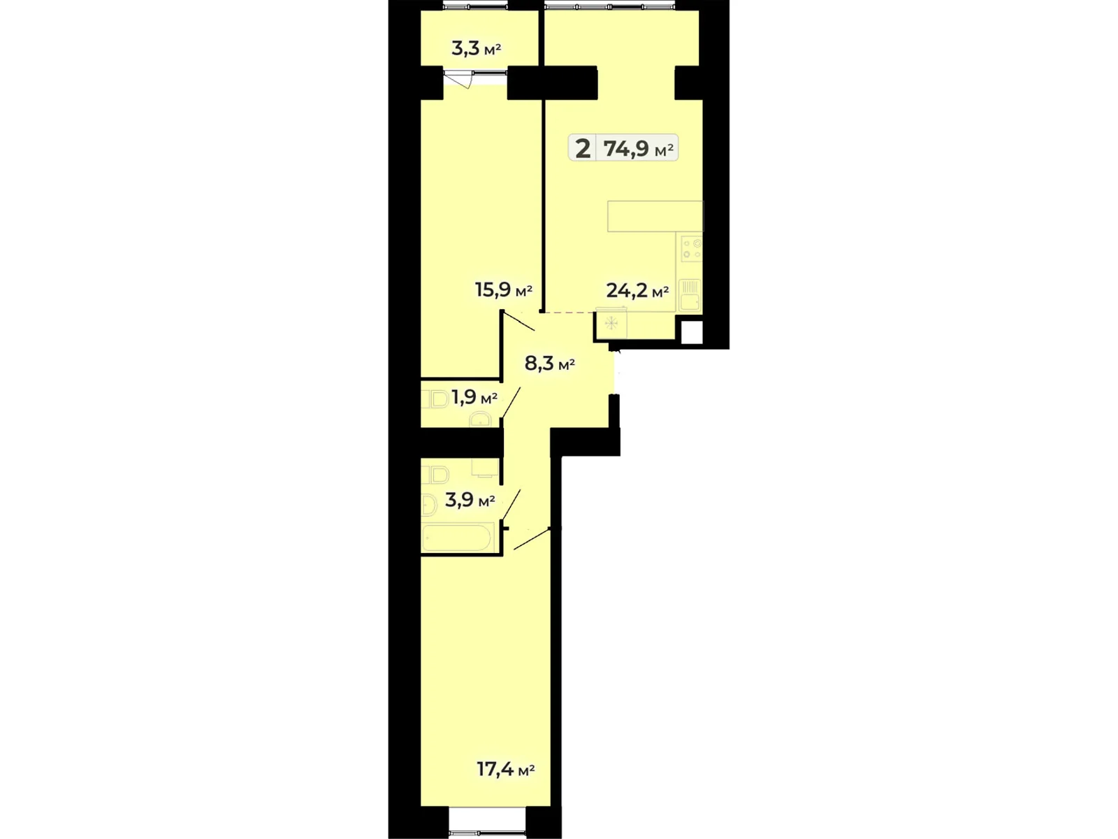 2-комнатная квартира 74.9 кв. м в Тернополе, ул. Довженко Александра, 14Б