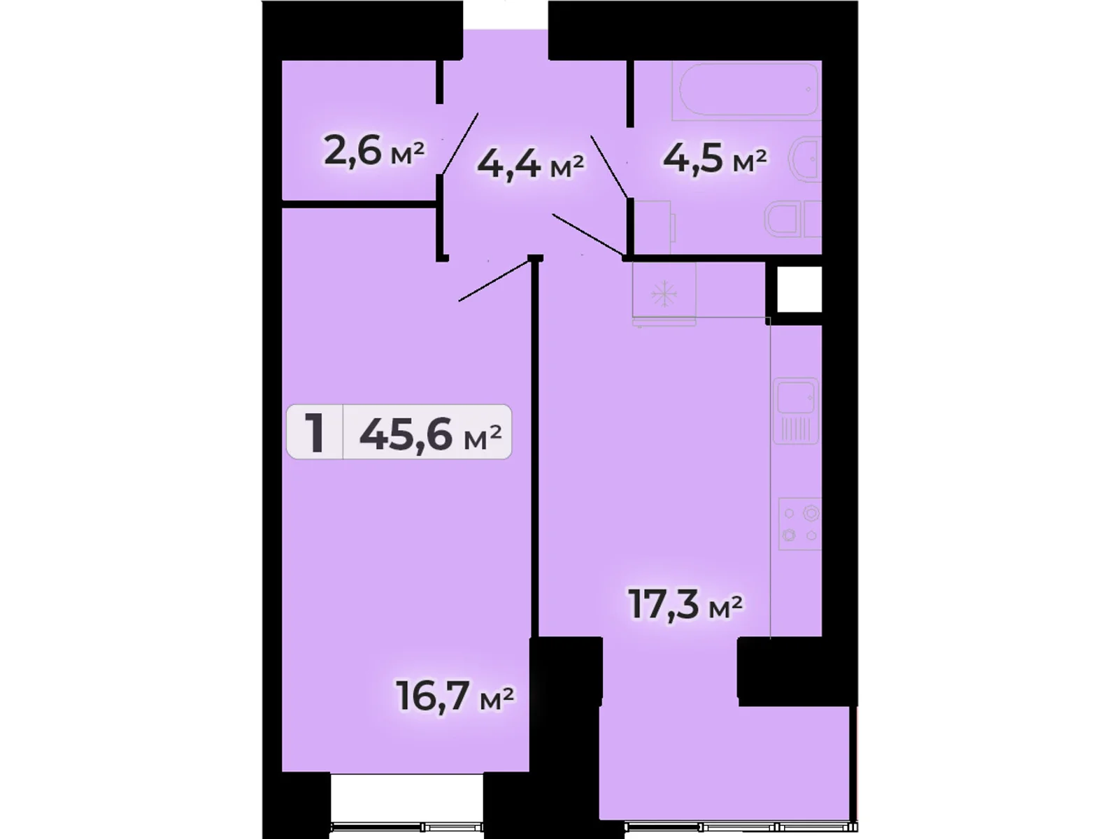 1-комнатная квартира 45.6 кв. м в Тернополе, ул. Довженко Александра, 14Б