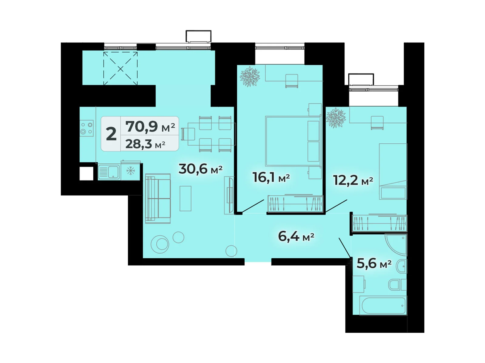 2-комнатная квартира 70.9 кв. м в Тернополе, ул. Довженко Александра, 14Б