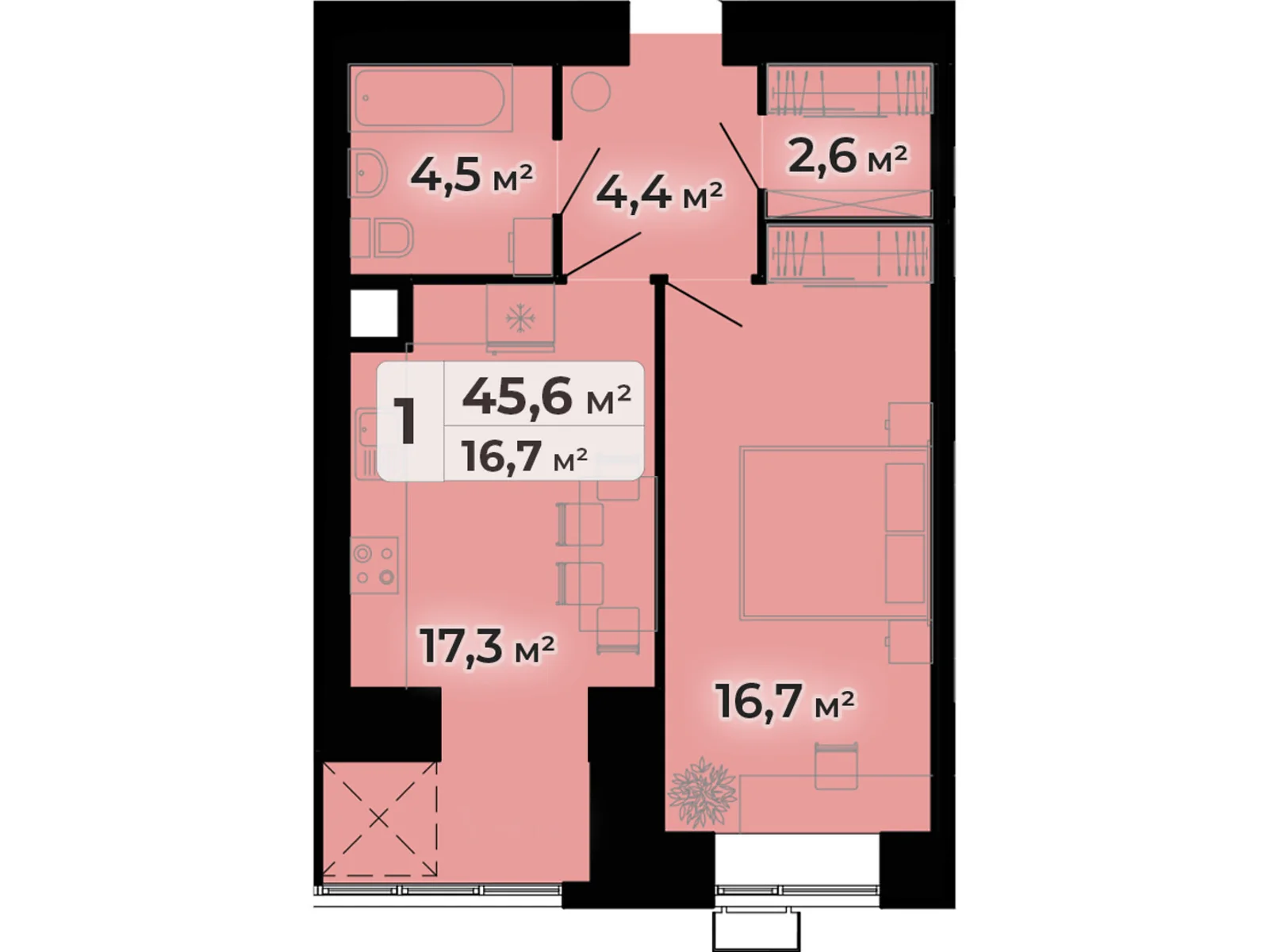 1-комнатная квартира 45.6 кв. м в Тернополе, ул. Довженко Александра, 14Б