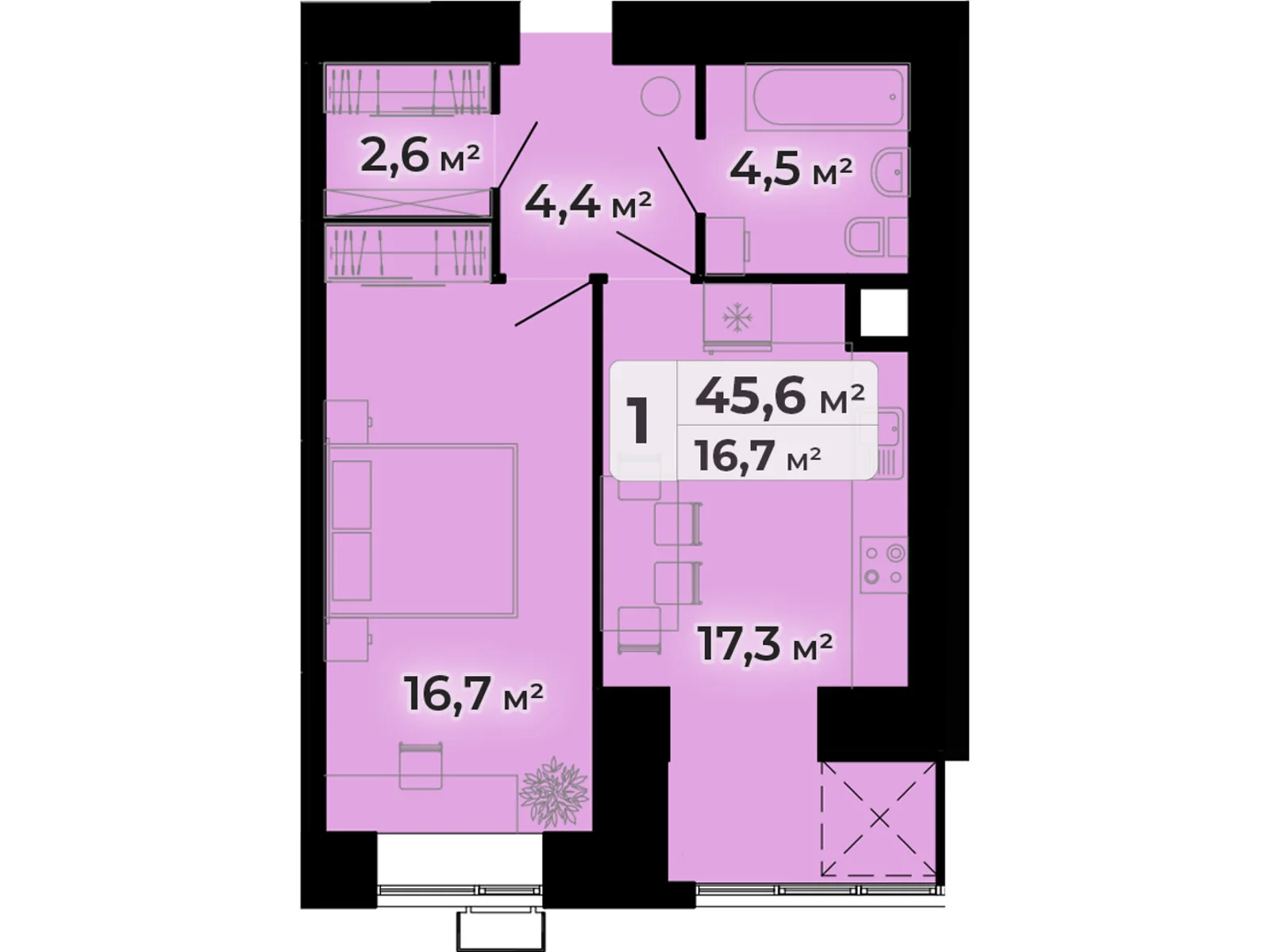 1-комнатная квартира 45.6 кв. м в Тернополе, ул. Довженко Александра, 14Б