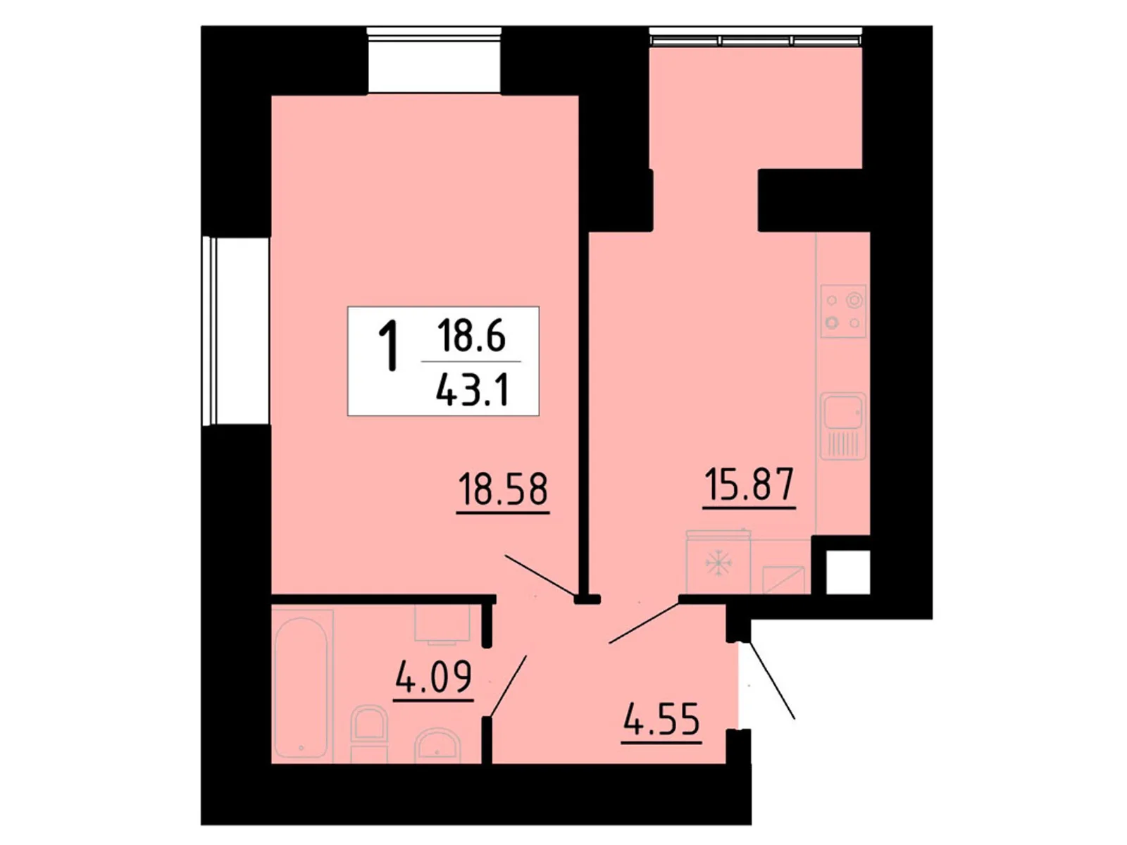 1-комнатная квартира 43.1 кв. м в Тернополе, ул. Академика Сергея Королева