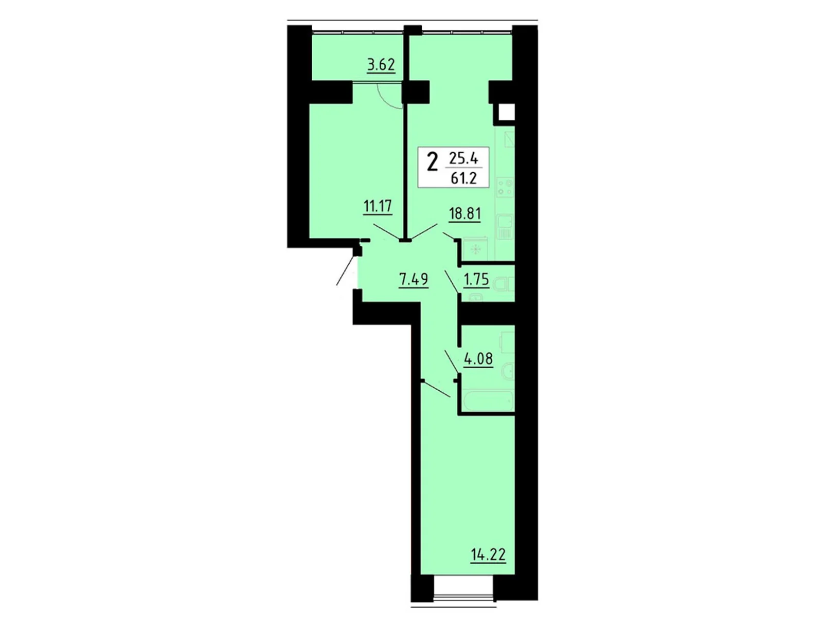 2-комнатная квартира 61.2 кв. м в Тернополе, ул. Академика Сергея Королева