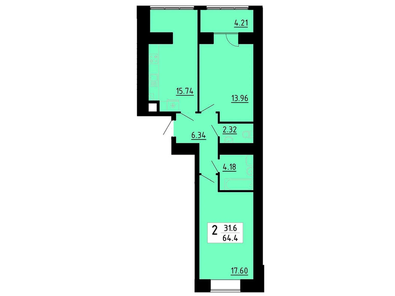 2-комнатная квартира 64.4 кв. м в Тернополе, ул. Академика Сергея Королева, 7Б - фото 1