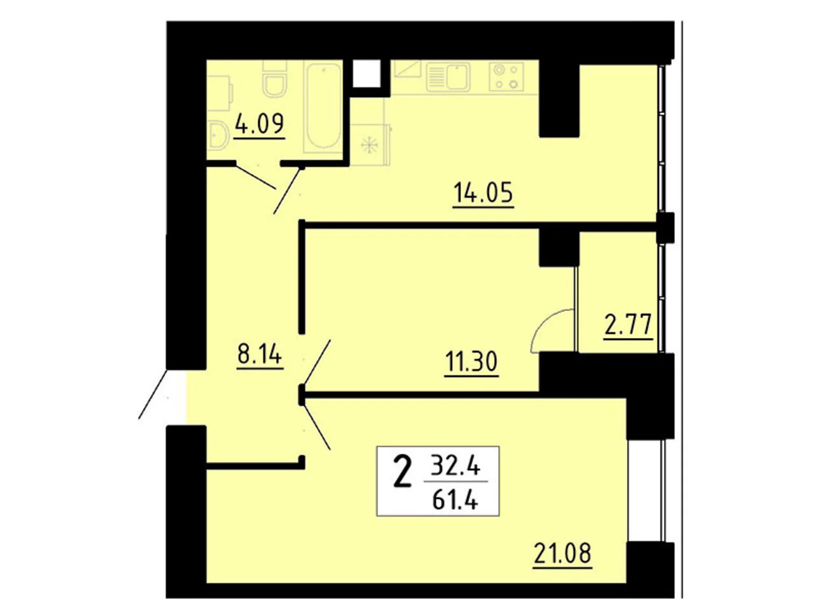 2-комнатная квартира 61.4 кв. м в Тернополе, ул. Академика Сергея Королева