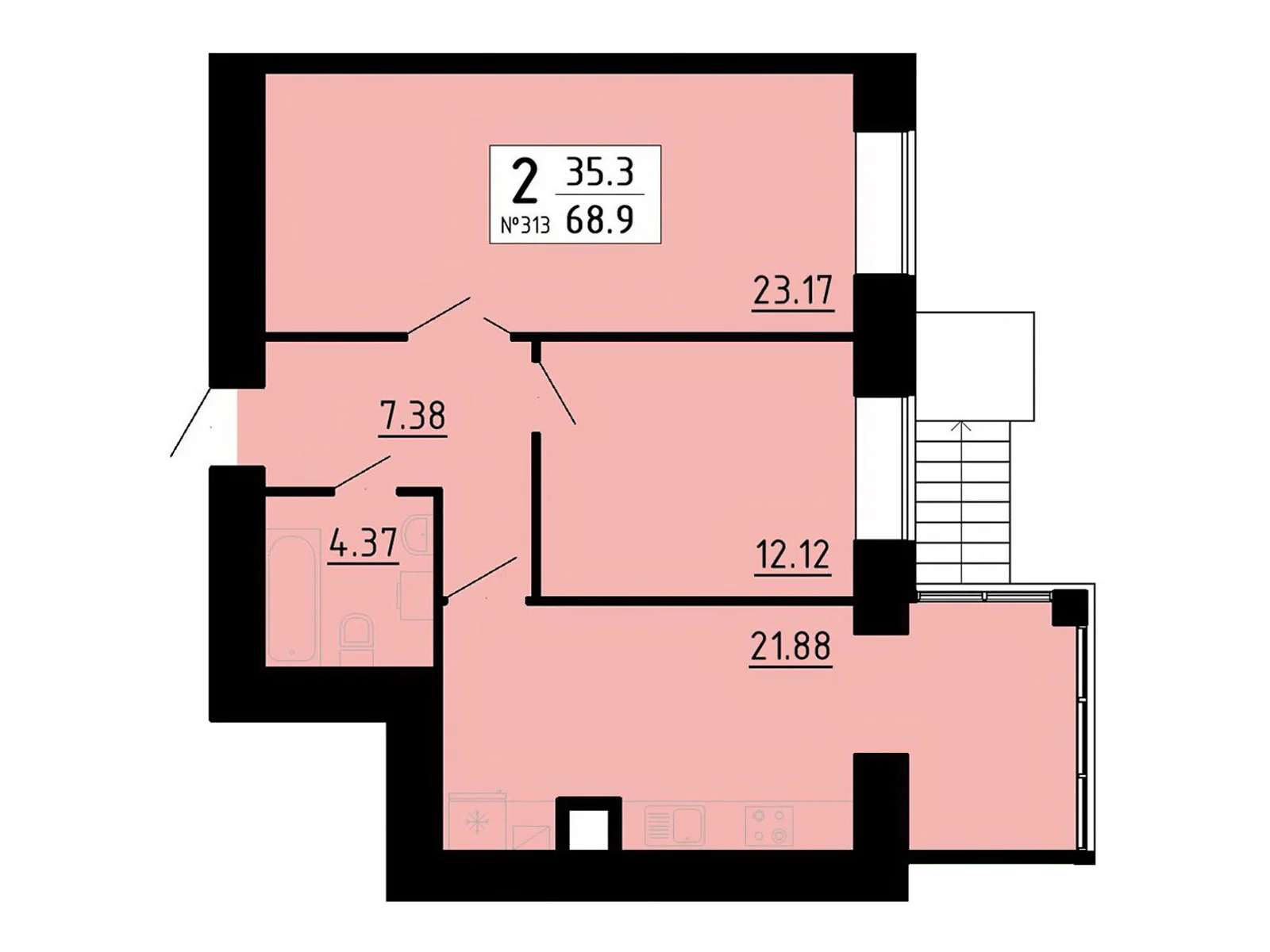 2-комнатная квартира 68.9 кв. м в Тернополе, ул. Академика Сергея Королева