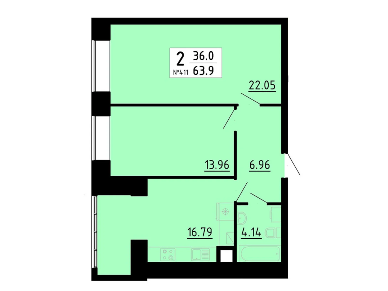 2-комнатная квартира 63.9 кв. м в Тернополе, ул. Академика Сергея Королева