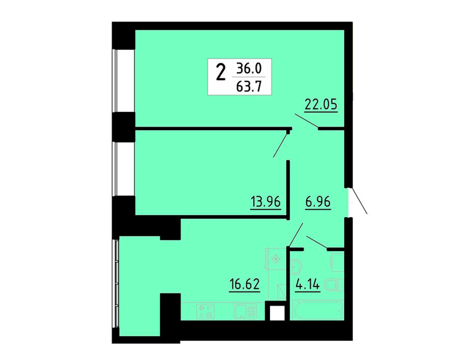 2-комнатная квартира 63.7 кв. м в Тернополе, ул. Академика Сергея Королева